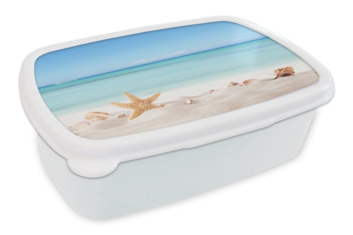 MuchoWow Lunchbox Strand - Meer - Muscheln - Seesterne, Kunststoff, (2-tlg), Brotbox für Kinder und Erwachsene, Brotdose, für Jungs und Mädchen weiß