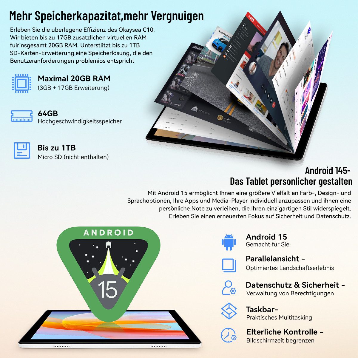 BUFO 10 Zoll 64GB erweiterbar auf 1 TB, mit Tastatur/Maus/Stift, Android Tablet (10", 64 GB, Android 15, 2,4G/5G WiFi, Split-Screen-Funktion, HD 1280x800, Dual-Kamera)