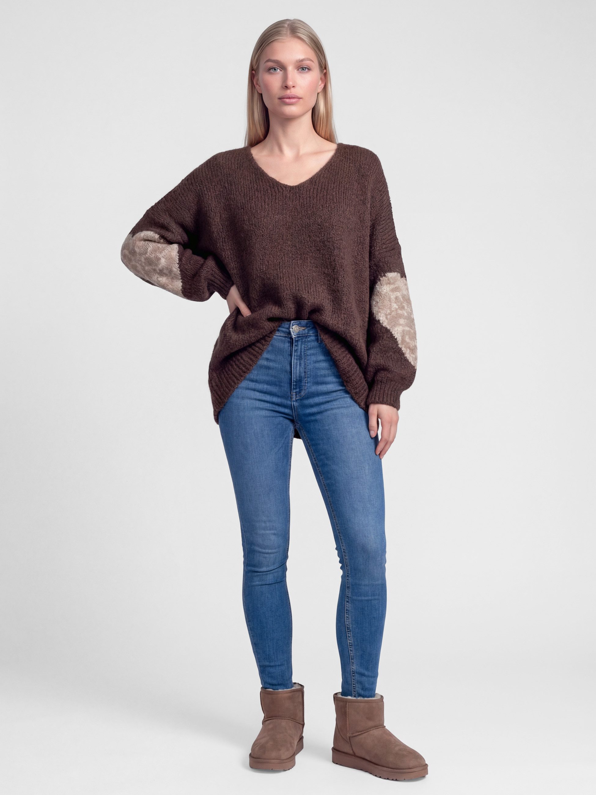 PEKIVESSA Strickpullover Oversized Pullover mit V-Ausschnitt Ärmel mit Herz-Motiv und Leopardenmuster