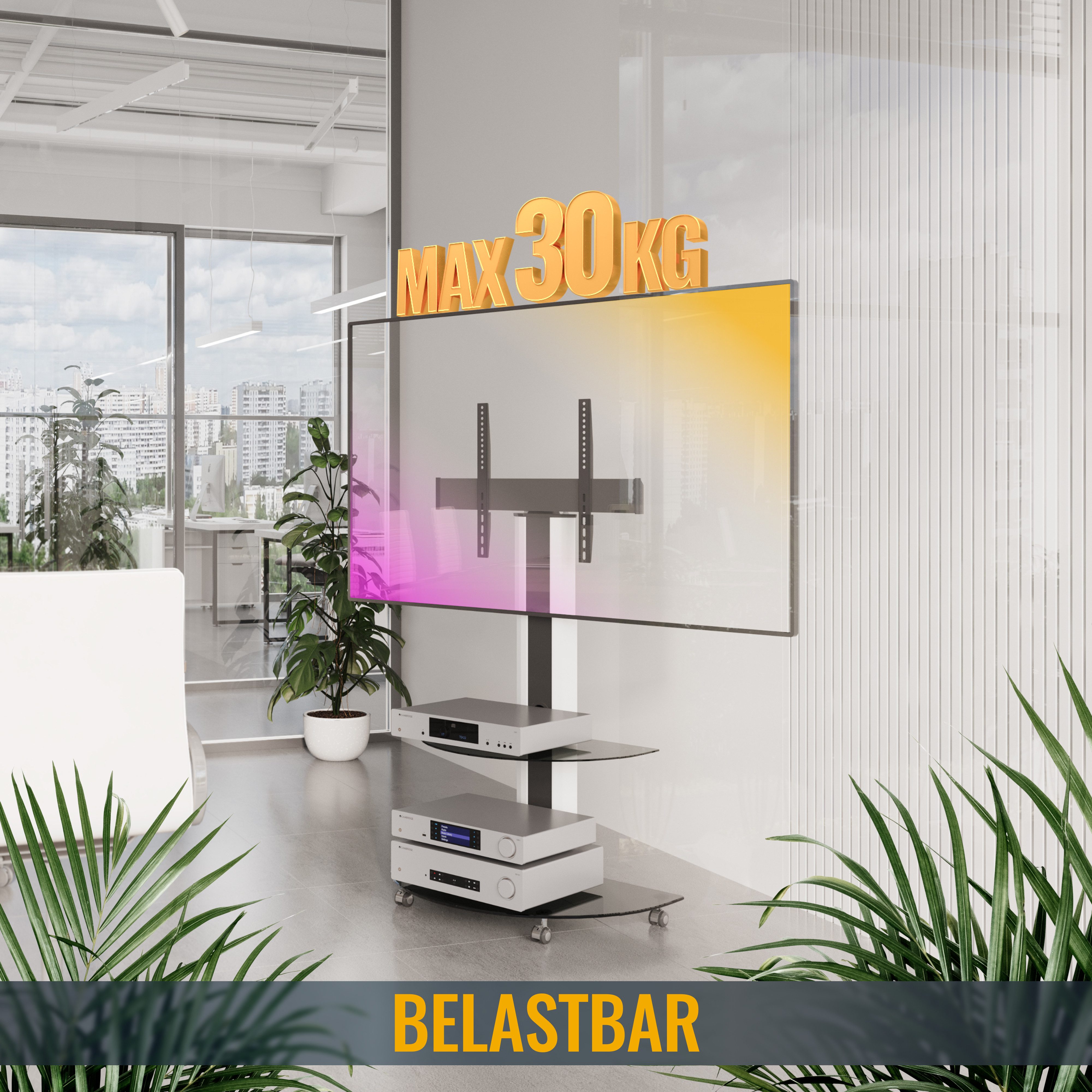 RICOO TV-Ständer Mobiler TV-Ständer modern und schwenkbar mit Glas-Ablagen FS0502, (bis 55 Zoll, bis VESA 600x400, 1-tlg., 30 kg Belastbarkeit, für 30 Zoll bis  – Bild 4 von 5