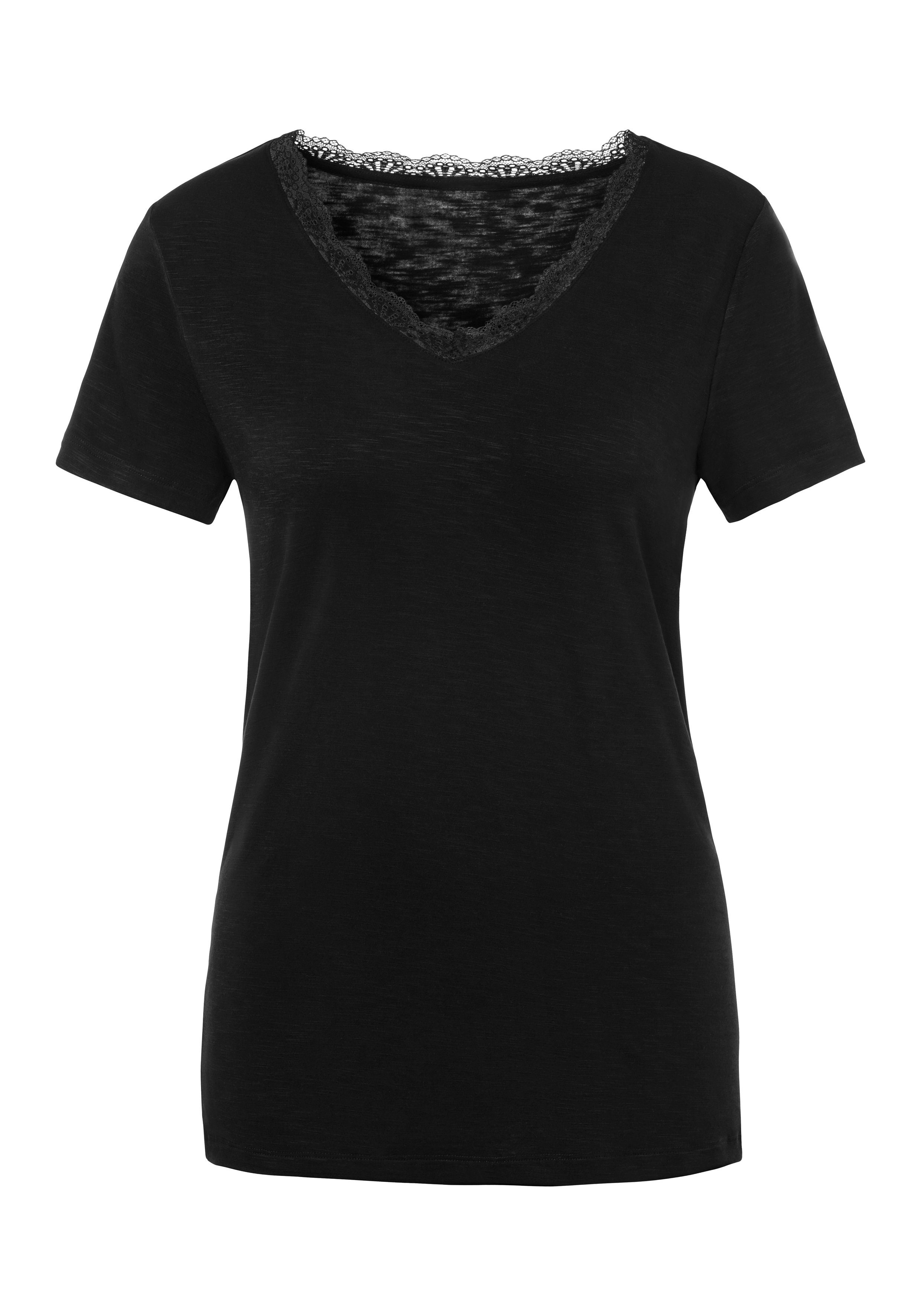 LASCANA T-Shirt Spitze mit schwarz, am (Packung, zarter beige Ausschnitt 2-tlg)