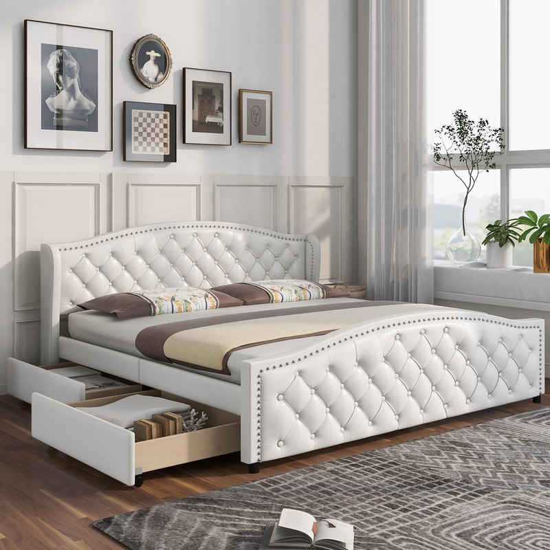 Ulife Polsterbett Weiß Doppelbett Kunstleder Bezug mit 2 Schubladen, Gästebett, mit Gepolstertes Kopfteil, 180X200cm