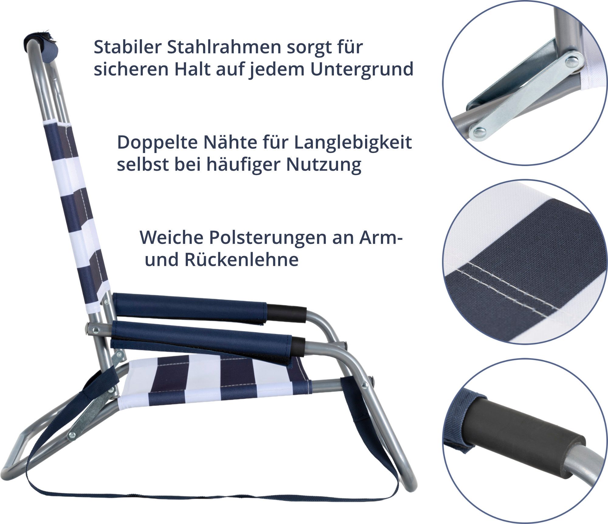 Stagecaptain Klappstuhl Strandstuhl klappbar leicht mit Schultergurt und Rückenlehne (2 St), Niedrige Sitzhöhe - alles griffbereit am Boden – Bild 3 von 5