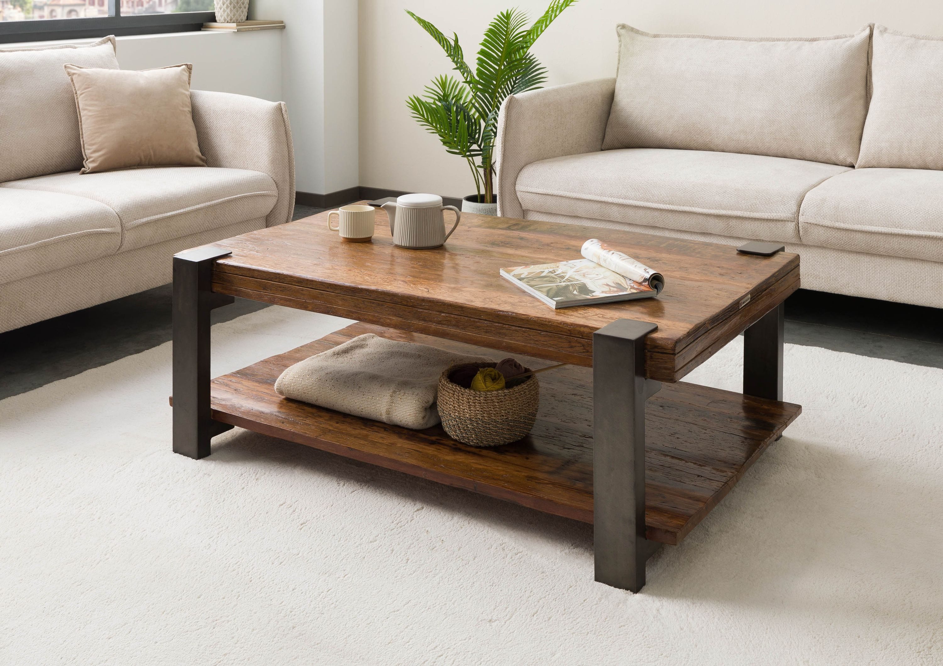 Massivmoebel24 Couchtisch LYON (Massivholz, Massivholztisch), Altholz 120x70x45 natur lackiert LYON #150