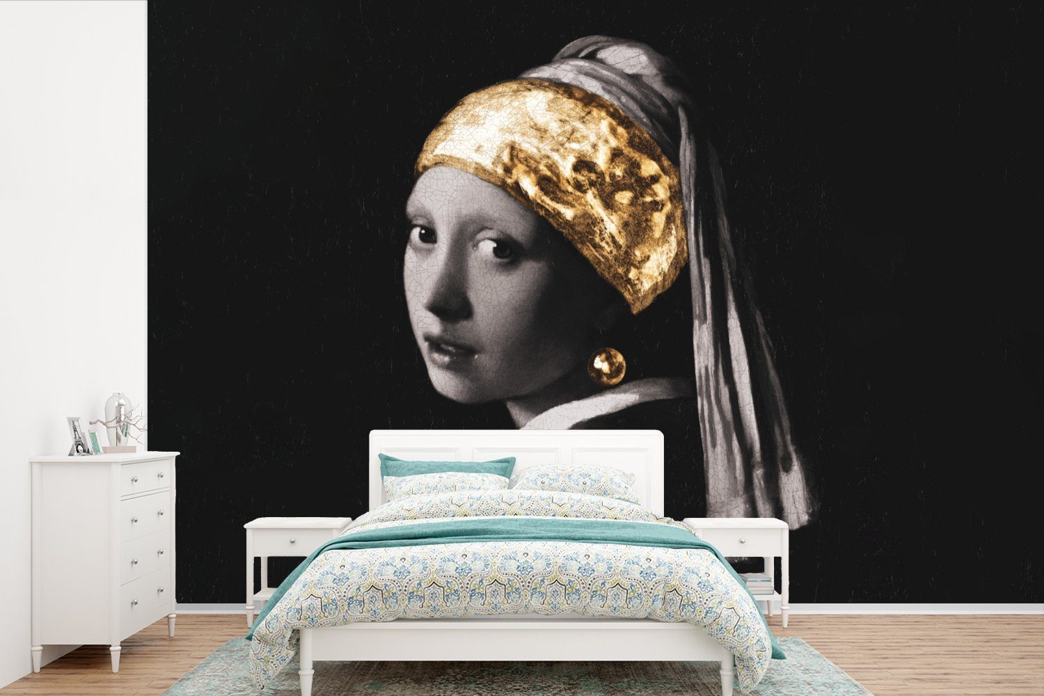 Vinyl mit für (6 Wohnzimmer, St), Vermeer Fototapete - Perlenohrring Gold Schlafzimmer, bedruckt, Mädchen - MuchoWow Weiß, - Matt, Wallpaper Tapete Schwarz - Kinderzimmer,