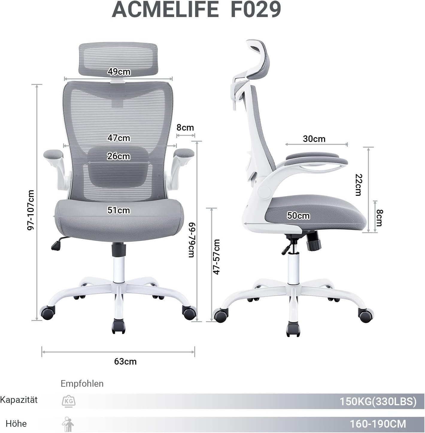 Atmungsaktiv (Schreibtischstuhl 360° Chefsessel Verstellbare mit Bürostuhl,Klappbaren Bürostuhl 150Kg Lendenstütze), Armlehnen, ACMELIFE