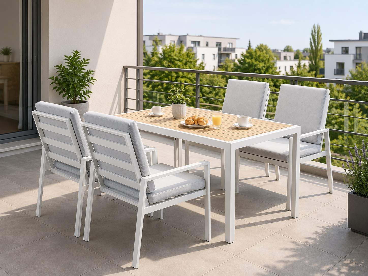 MeXo Gartenlounge-Set Gartenmöbel Set aus Aluminium mit Esstisch, (wetterfest, hoher Sitzkomfort, 5-tlg., bis 140 kg belastbar), mit pflegeleichte Polywood-Tischplatte, geeignet für 4 Personen