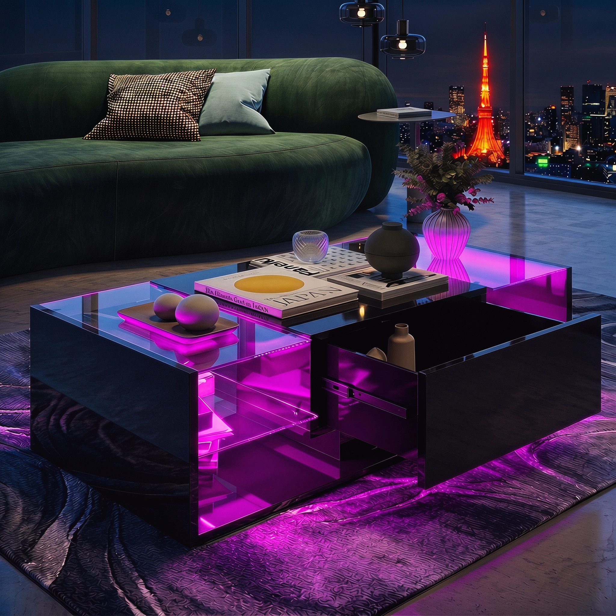 PXloue Couchtisch LED-Couchtisch mit Stauraum und modernem Design (Hochglänzender), Praktischer Tisch mit Schubladen und integrierter Beleuchtung