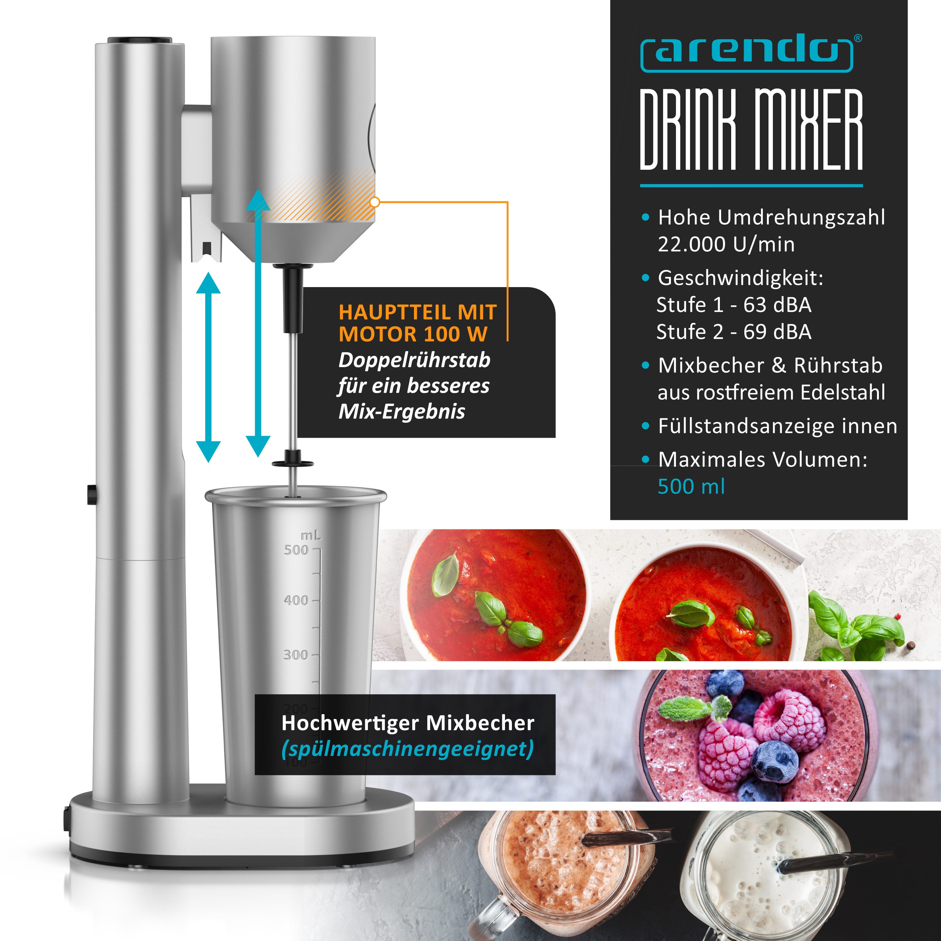 Arendo Standmixer Drink Mixer, elektrischer Getränkemixer, 500 ml Becher, 22.000 U/min, 100 W, Shaker für Protein Smoothies Eischnee Milchshakes Cocktails GS-Geprüft