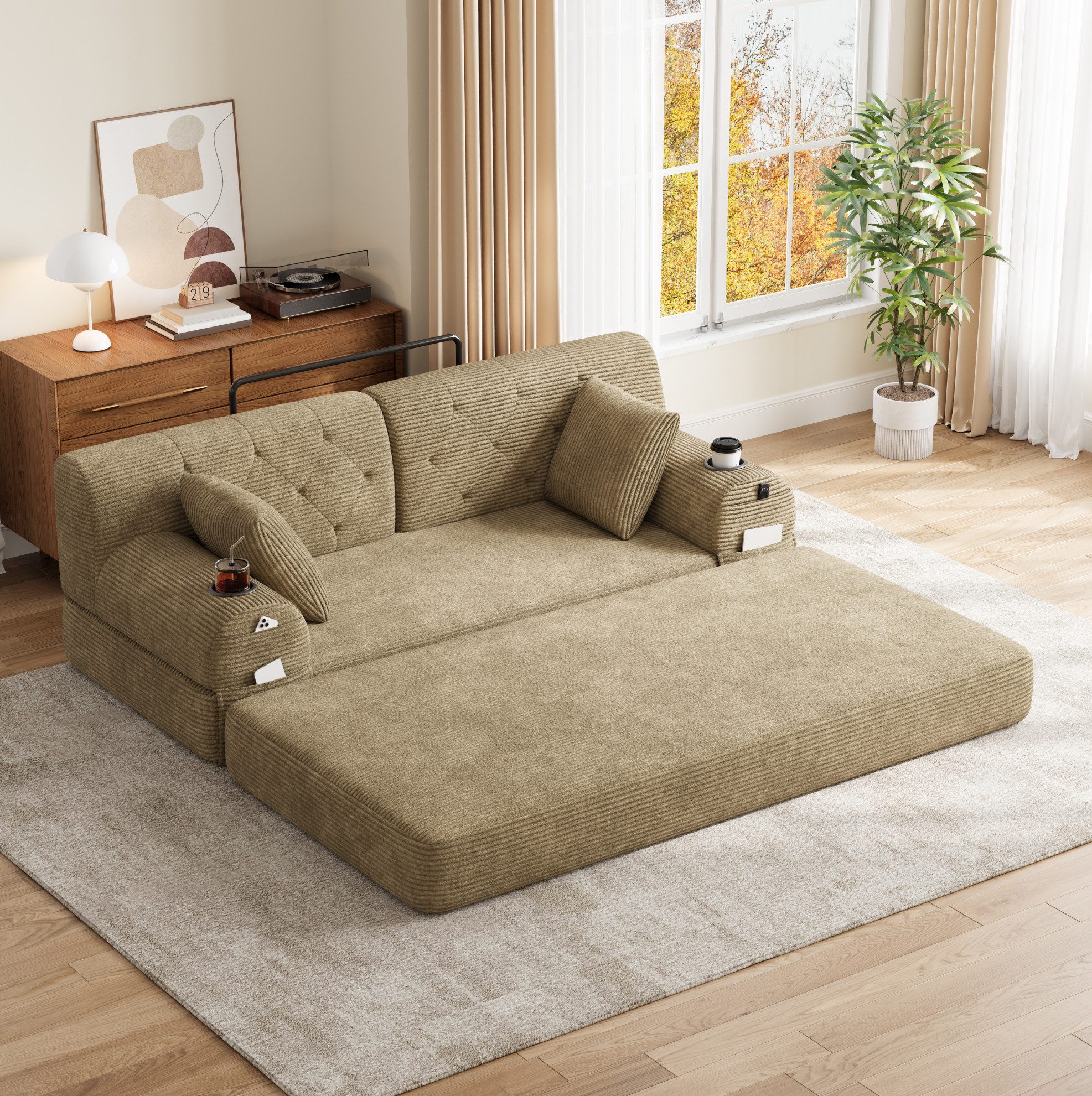 REDOM Sofa Komprimiertes 2-Sitzer Schlafsofa Cord mit Metallgestell, hoher Rückenlehne, Schaumstoffpolsterung, Getränkehaltern und Seitentaschen, Loungesofa