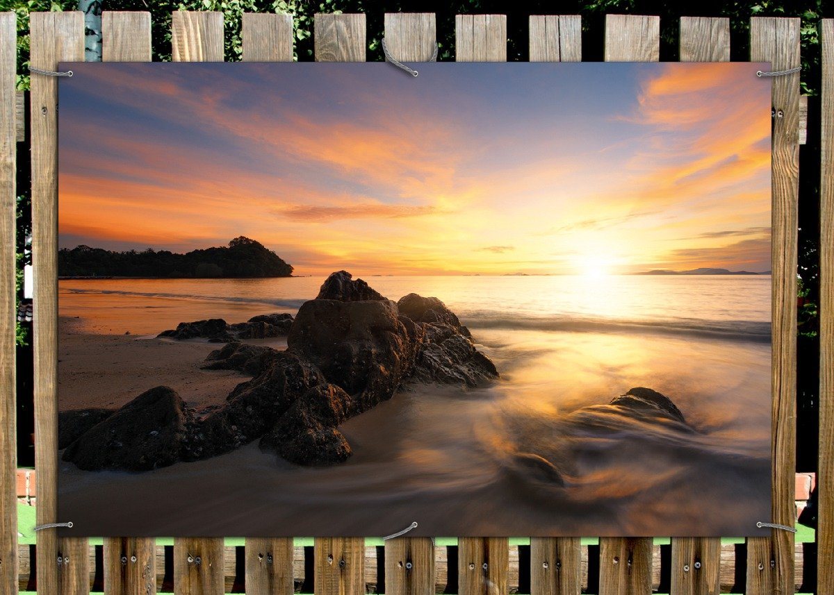 Thumbnail - Wallario Sichtschutzzaunmatten Sonne über dem Meer mit Felsenlandschaft