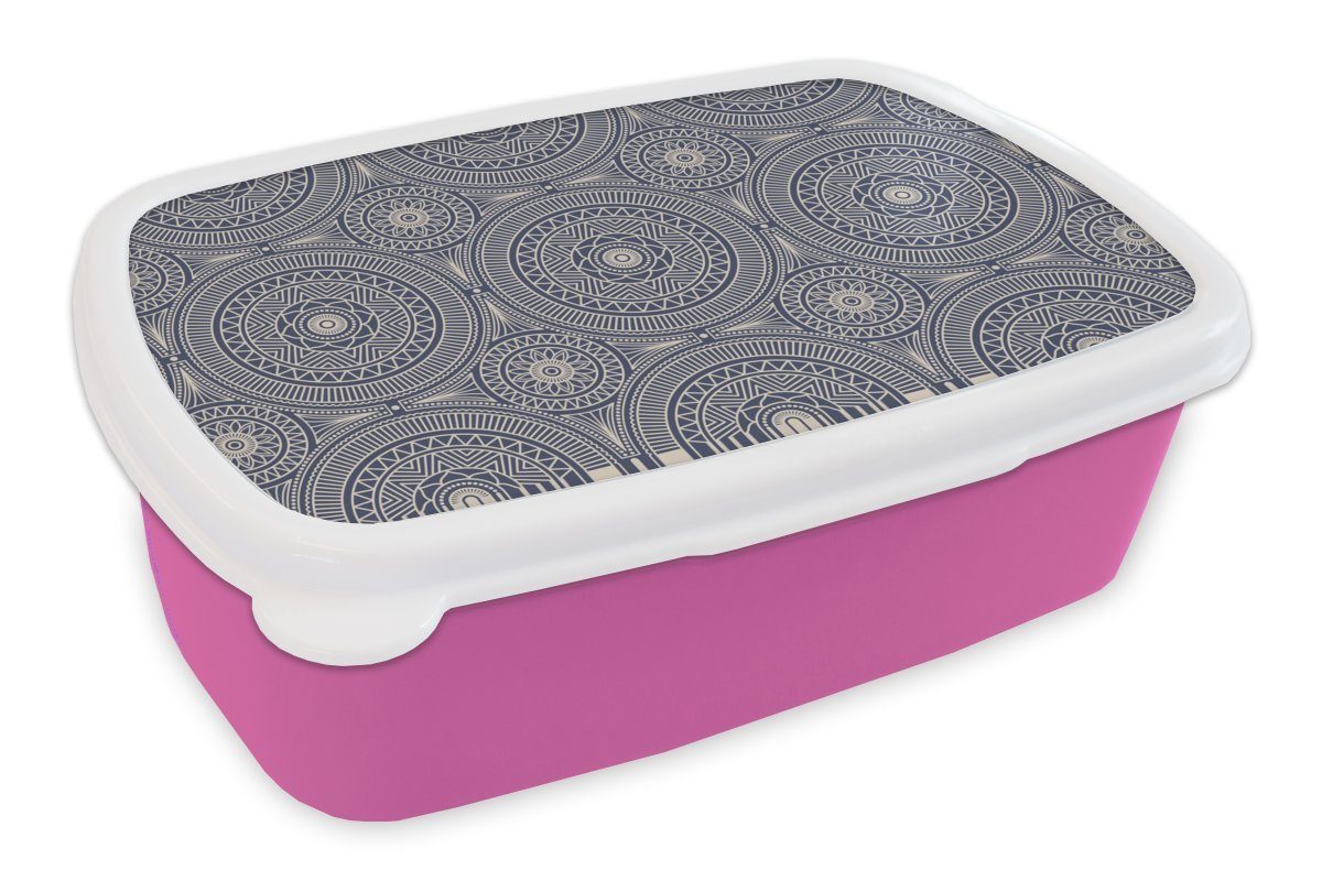 MuchoWow Lunchbox Mandala - Blau - Muster - Abstrakt, Kunststoff, (2-tlg), Brotbox für Erwachsene, Brotdose Kinder, Snackbox, Mädchen, Kunststoff rosa