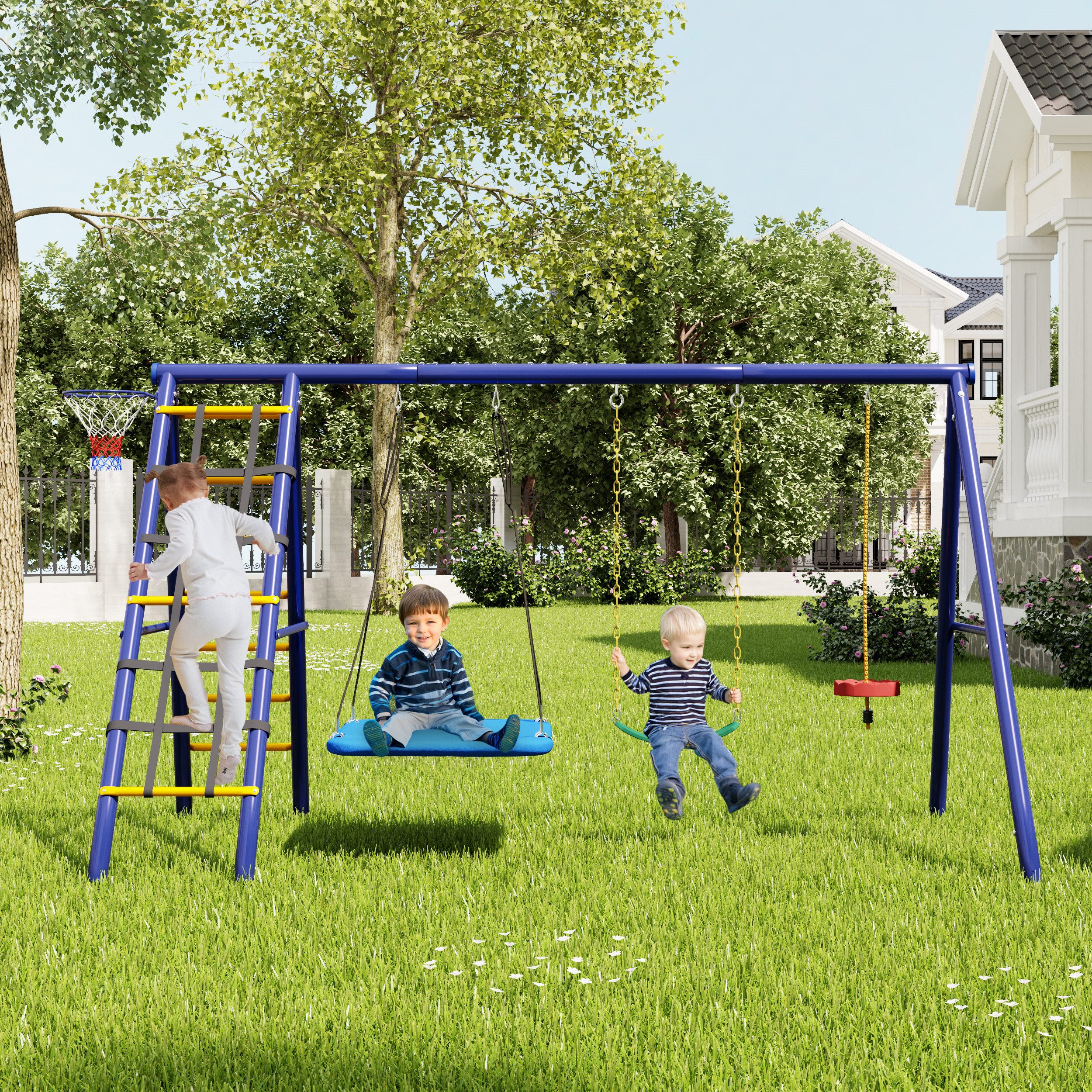 Merax Schaukelgestell 8-in-1 Outdoor-Schaukel-Set höhenverstellbar, (1-tlg), 8-in-1Schaukel Set mit Klettergerüst,3 Schaukeln & Basketballkorb