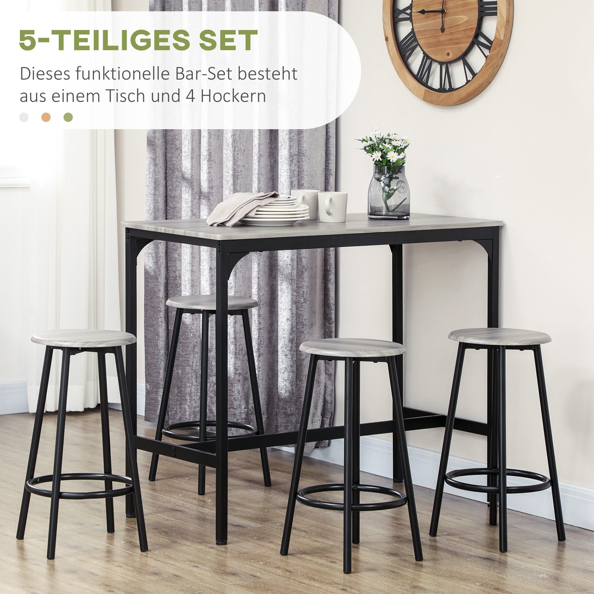 HOMCOM Bargruppe Tresentisch mit Fußstütze, (Set, 1 Tisch, 4 Stühle), Hocker unter Tisch verstaubar – Bild 4 von 5