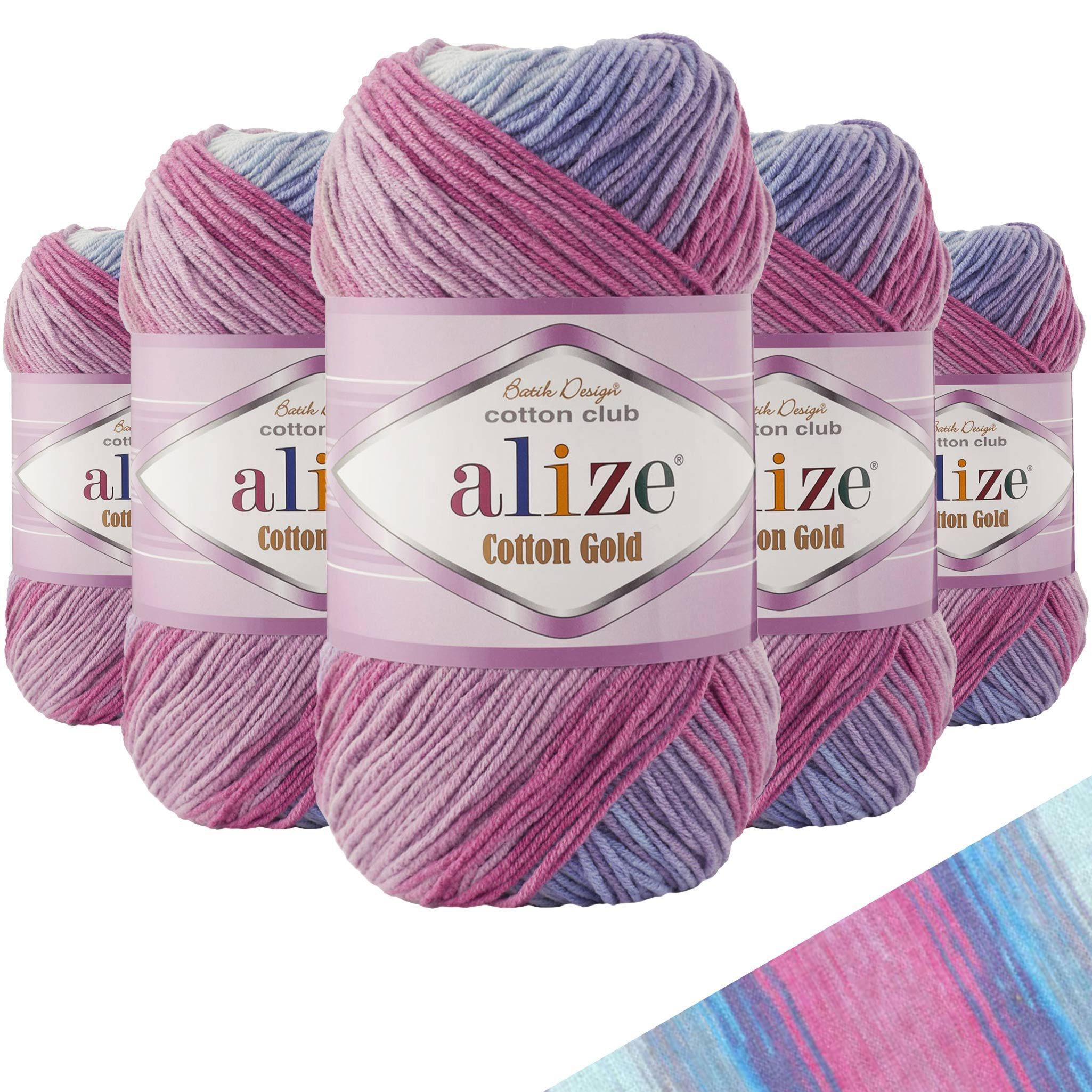 Alize 5 x 100g Farbverlaufsgarn Alize Cotton Gold Batik Häkelwolle Häkelwolle, 1650 m (Sparpaket, 5-St), 3686 mehrfarbig