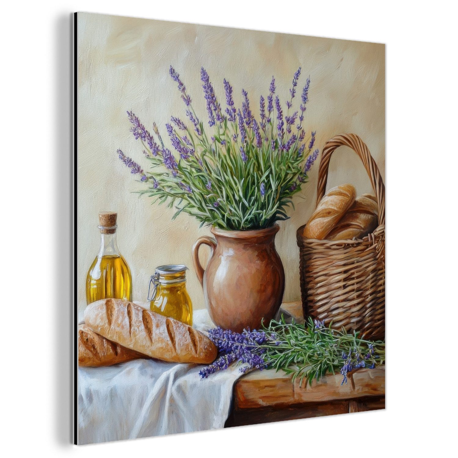 MuchoWow Metallbild Lavendel - Brot - Stilleben, Inkl. Aufhängung, Alu-Dibond-Druck, Wandbild aus Metall, Aluminium deko, 20x20 cm