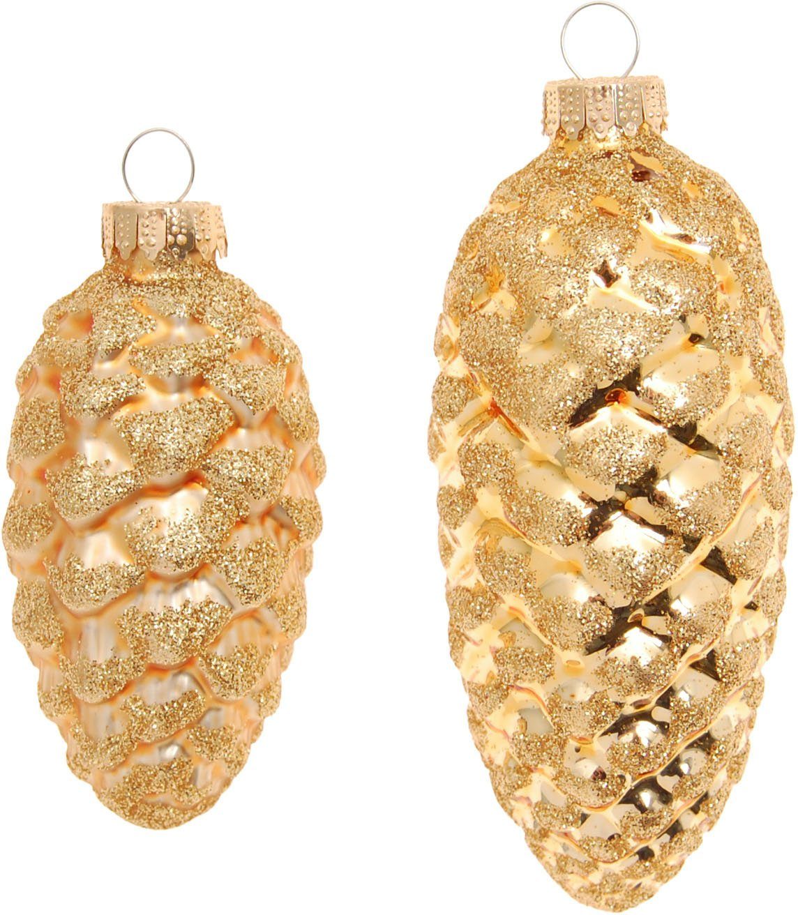 Krebs Glas Lauscha Christbaumschmuck Glas-Tannenzapfen, mit Glitter, 2x klein Ø 8 cm + 2x groß Ø 10 cm (4-tlg), Weihnachtsdeko, Weihnachtsbaumkugel, Christbaumkugeln aus Glas