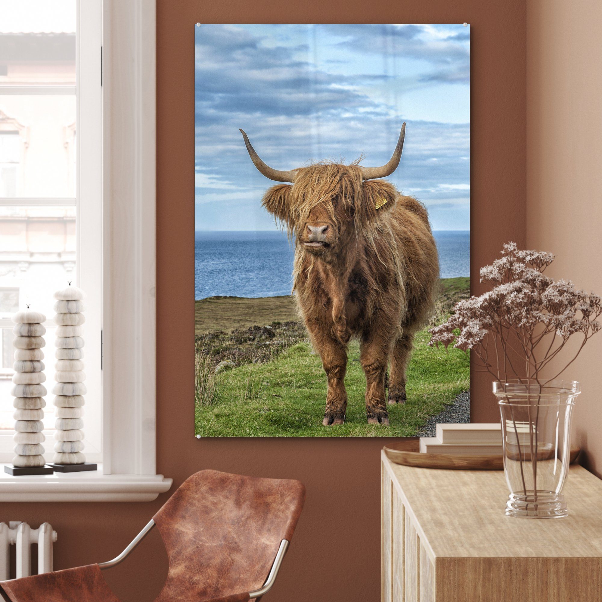 Gemälde Dekoration Highlander - St), MuchoWow wohnzimmer (1 Schottischer Acrylglasbild - Hörner, Glas, Wasser auf