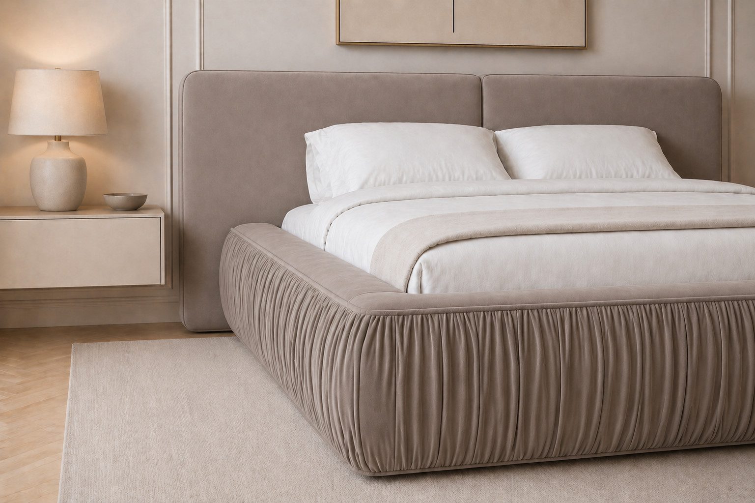 MOEBLO Polsterbett 08 (aus edlem Samt (Riviera Velours) – Modernes Designer-Doppelbett mit weich gepolstertem Kopfteil, stabilem Metall-Holz-Rahmen und großem B – Bild 3 von 5