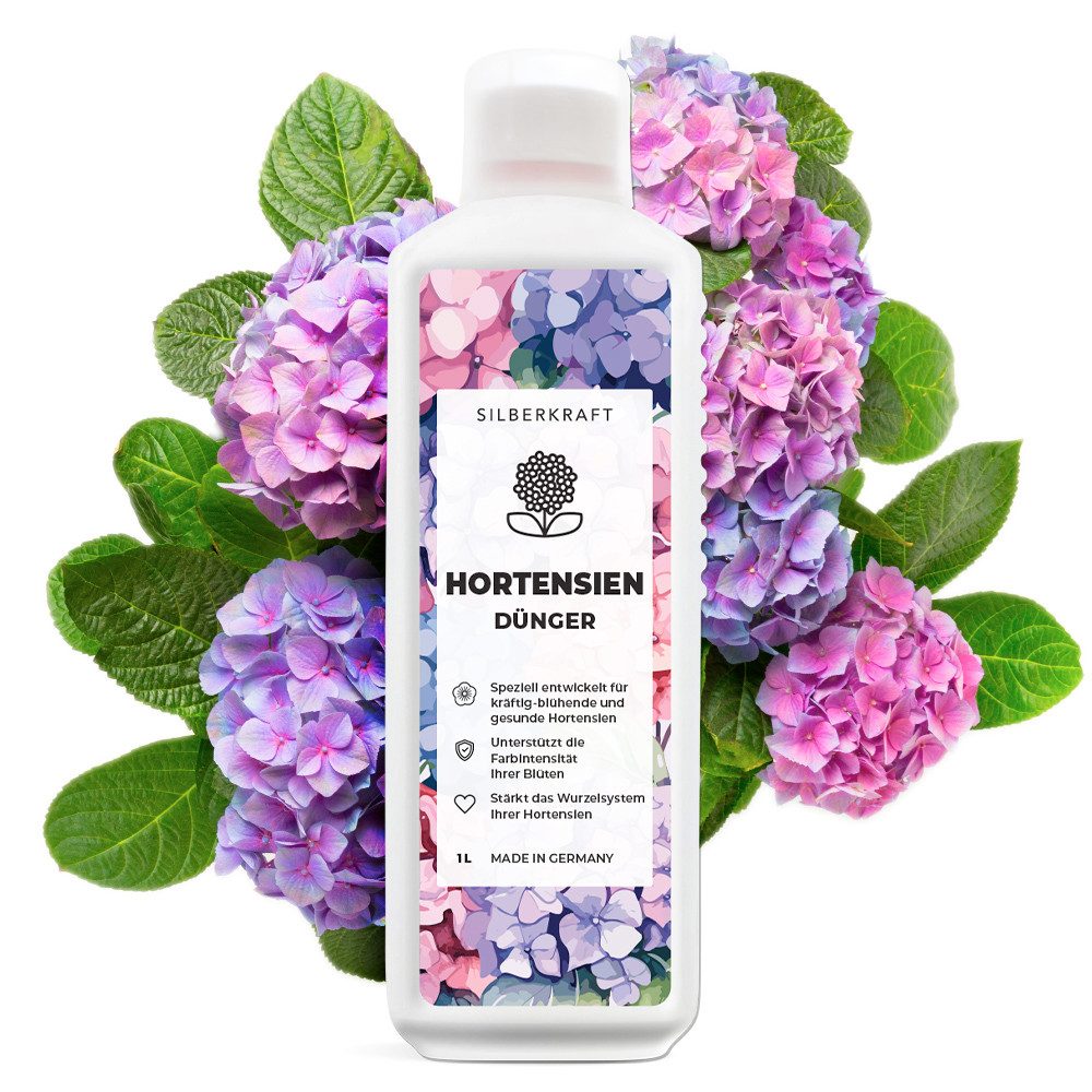 Silberkraft Pflanzenstärkungsmittel Hortensien Удобрение - Mineralischer NPK Flüssigdünger mit Stickstoff, Fördert Blütenpracht & Wurzelstärke, Für alle Hortensienarten wie Hydrangea macrophylla, Spezialdünger für kräftige Blütenfarben & gesundes Wachstum