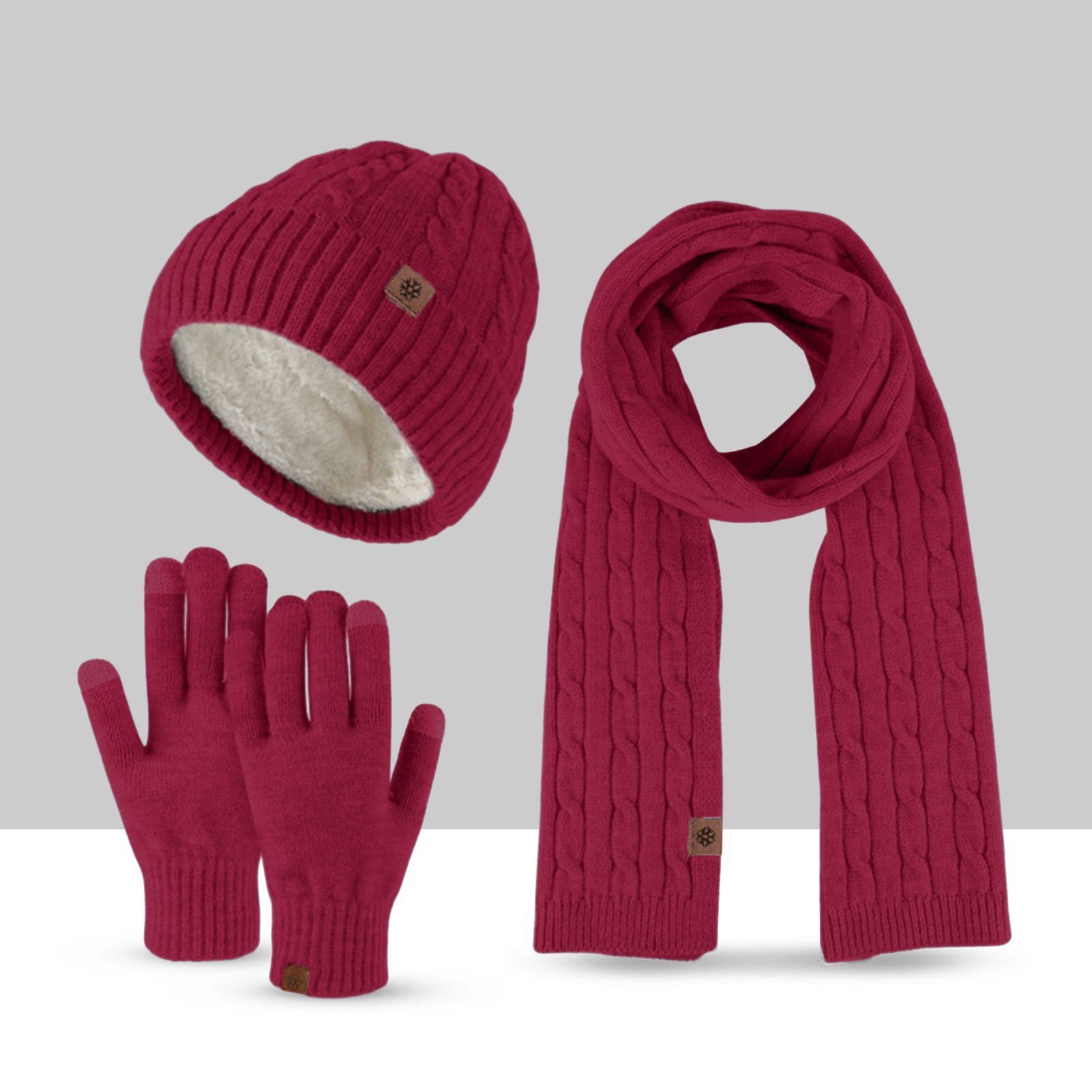 Rutaqian Beanie Winter Warm Beanie Mütze Schal und Touchscreen Handschuhe Set (Der Durchmesser des Hutes beträgt 22,5 cm, was etwas größer sein wird, Dreiteiliges, kältebeständiges, warmes Fleece-Set für den Außenbereich) für Herren und Damen (große Größe) Jujube Rot