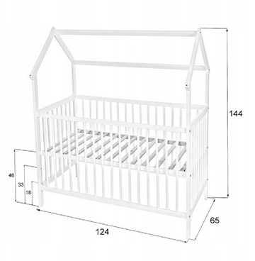 Babyhafen Hausbett 60x120 cm Babybett weiß mit Matratze Gitterbett (Bett mit Matratze), Massivholz