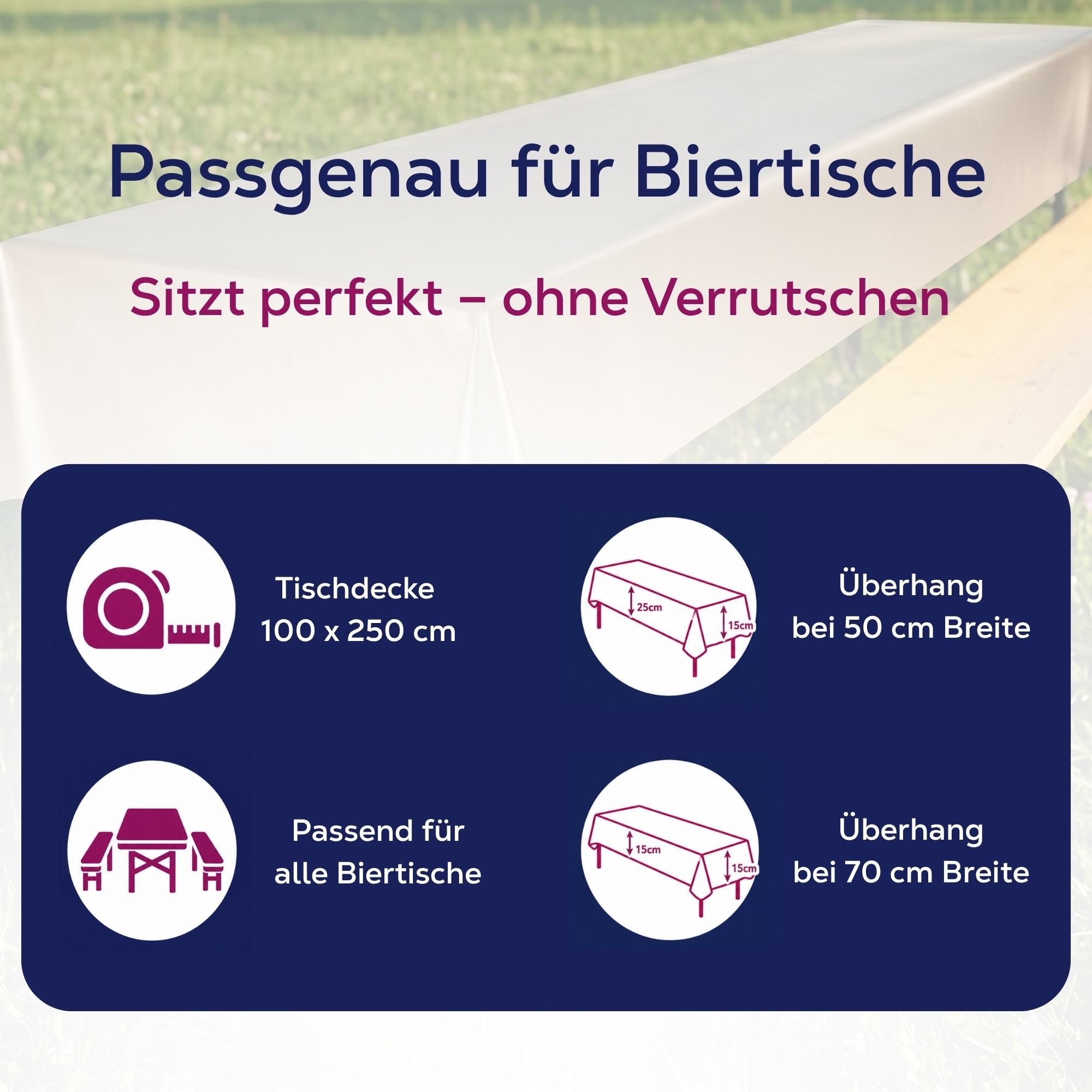 Beautex Tischdecke, Partytischdecke, für Biertischgarnituren, 100x250cm, viele Farben (1-tlg), wasserabweisend, abwaschbar, lebensmittelecht, strapazierfähig