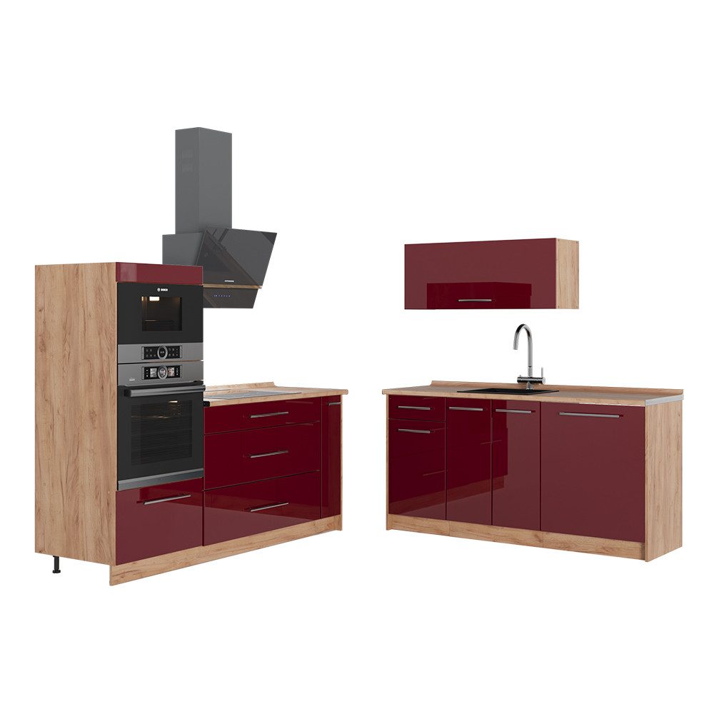 Vicco Küchenzeile Fame-Line, Bordeaux Hochglanz/Goldkraft Eiche, 340 cm, AP Eiche
