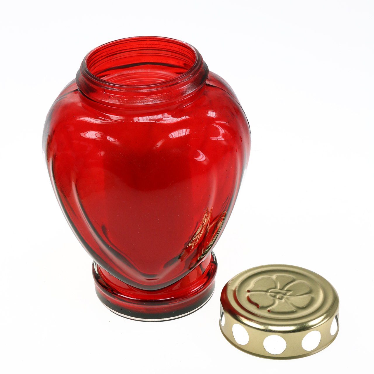 Florissima Grabkerze Grabdeko Trauerlicht Grablicht Herzform rot aus Glas Grablampe (Grabdeko für die dunkle Jahreszeit, Grabschmuck in Herzform inkl. Kerze), Grabvase aus Glas in Herform inkl. Kerze