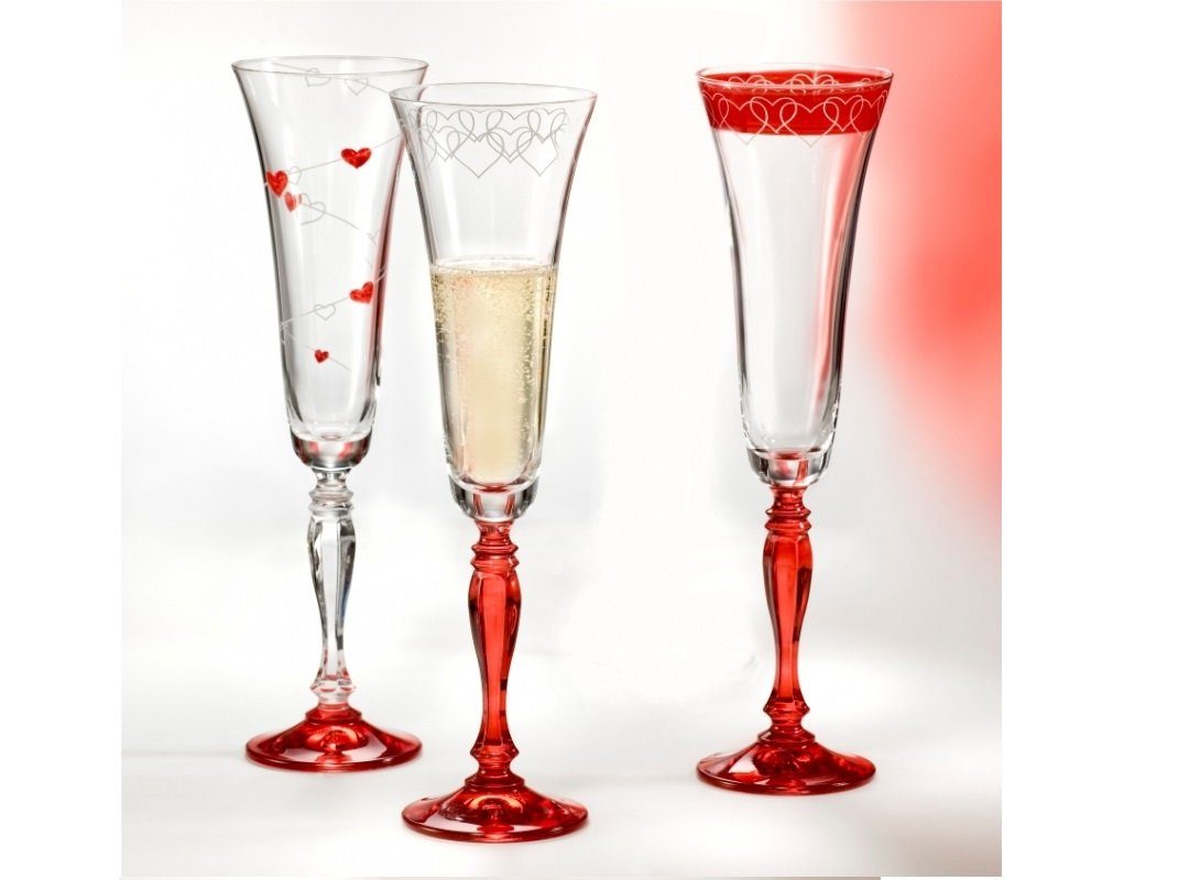 Crystalex Sektglas Love Victoria (Herze oben, roter Fuß) 180 ml 2er Set, 2-tlg., Kristallglas, Kristallglas, Gravur, roter Fuß