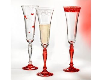 Crystalex Sektglas Love Victoria (Herze oben, roter Fuß) 180 ml 2er Set, Kristallglas, Kristallglas, Gravur