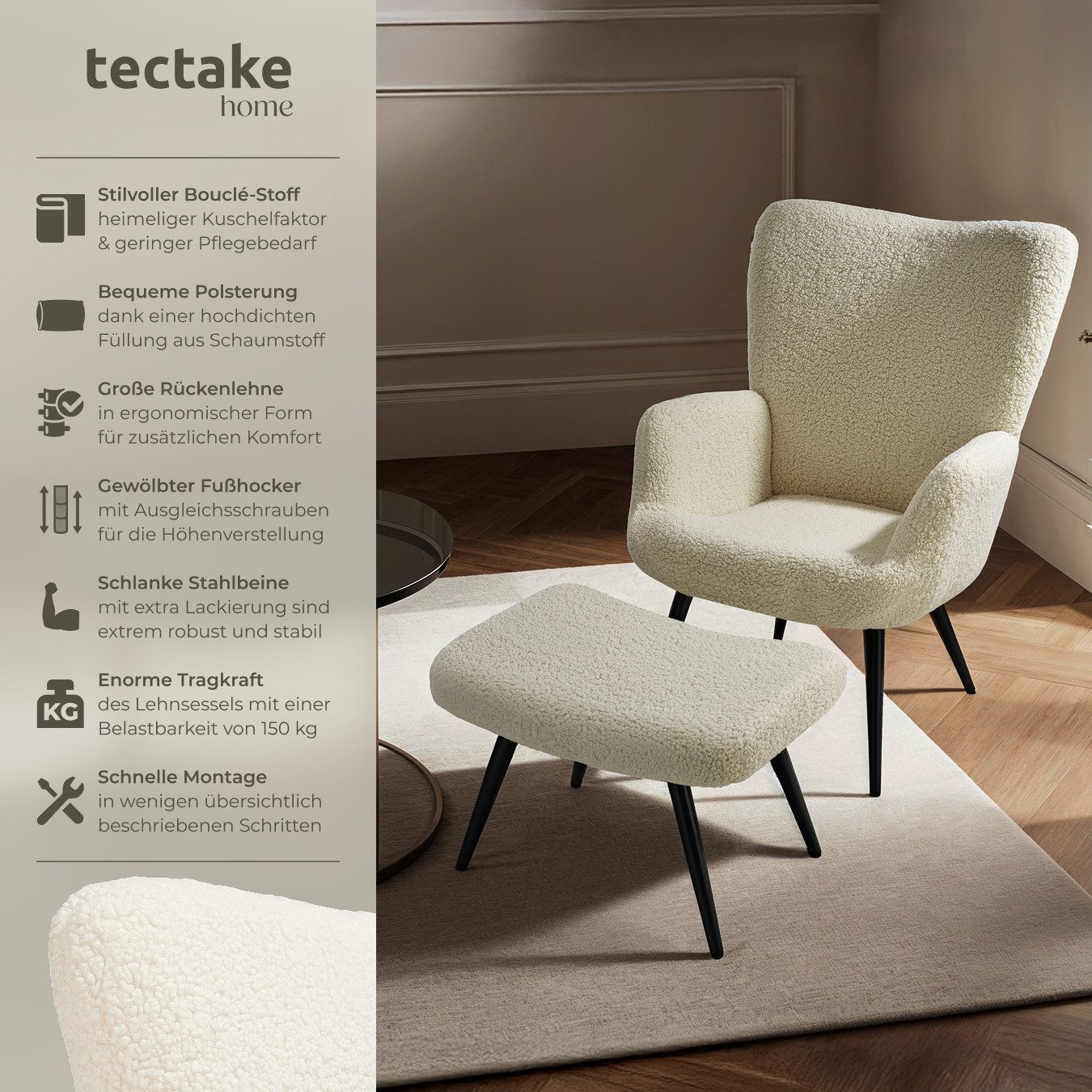 tectake Relaxsessel Sessel Hygge gepolstert inklusive Beistellhocker, Belas günstig online kaufen