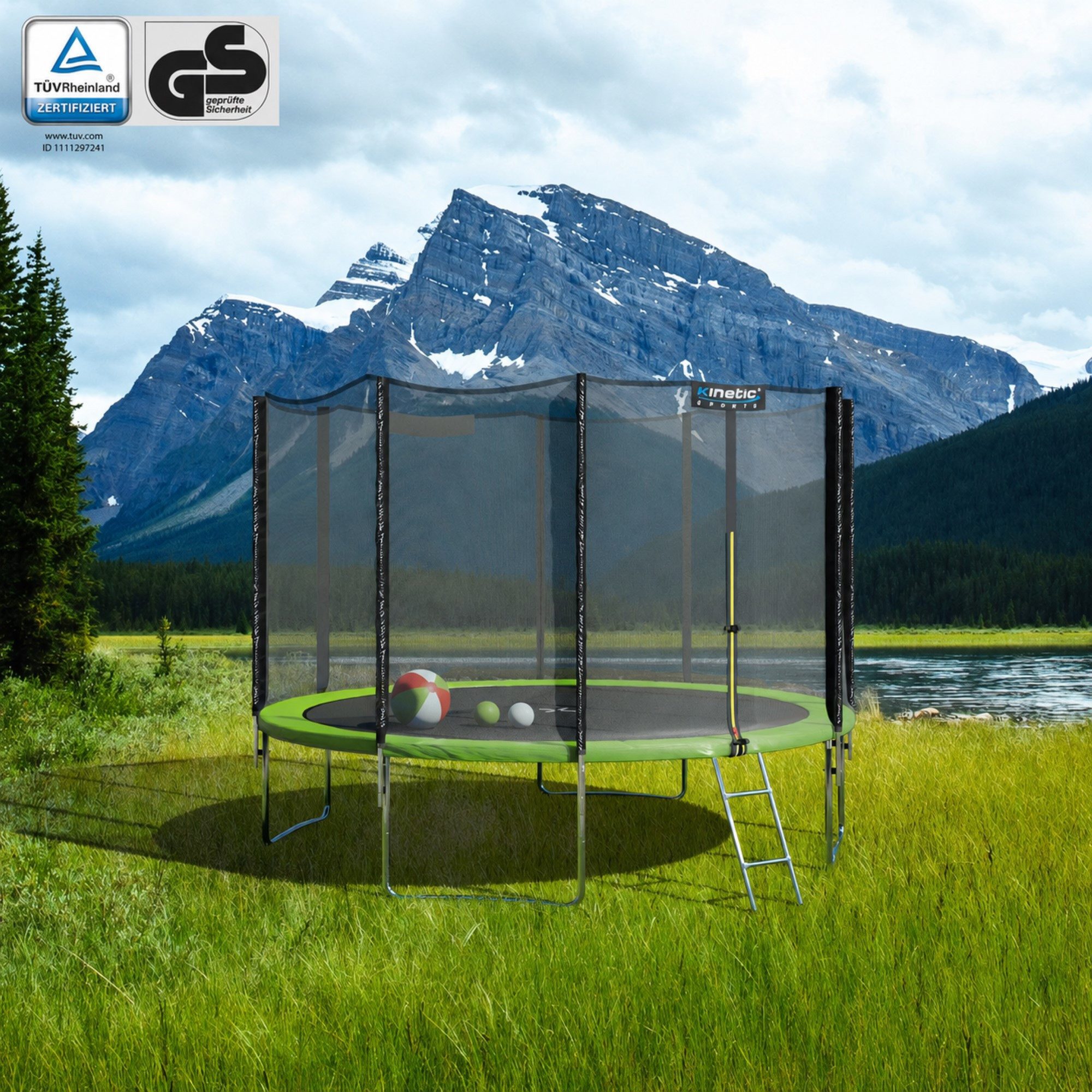 Kinetic Sports Gartentrampolin SALTO PLUS, Ø 244 cm, Komplett-Set mit Leiter, Regenplane, Einstiegsleiter