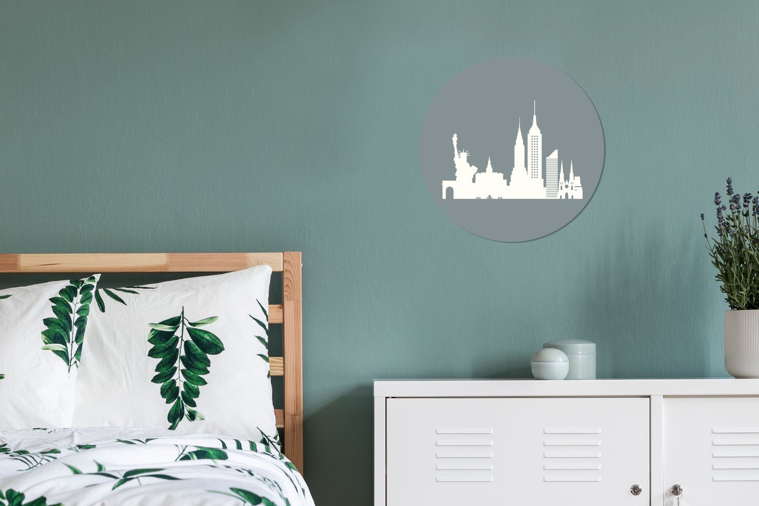 MuchoWow Gemälde New York - Forex, - Rundes Wandbild, Wanddekoration - St), Kreis Illustration Wohnzimmer, (1 cm Grau Weiß, 30x30