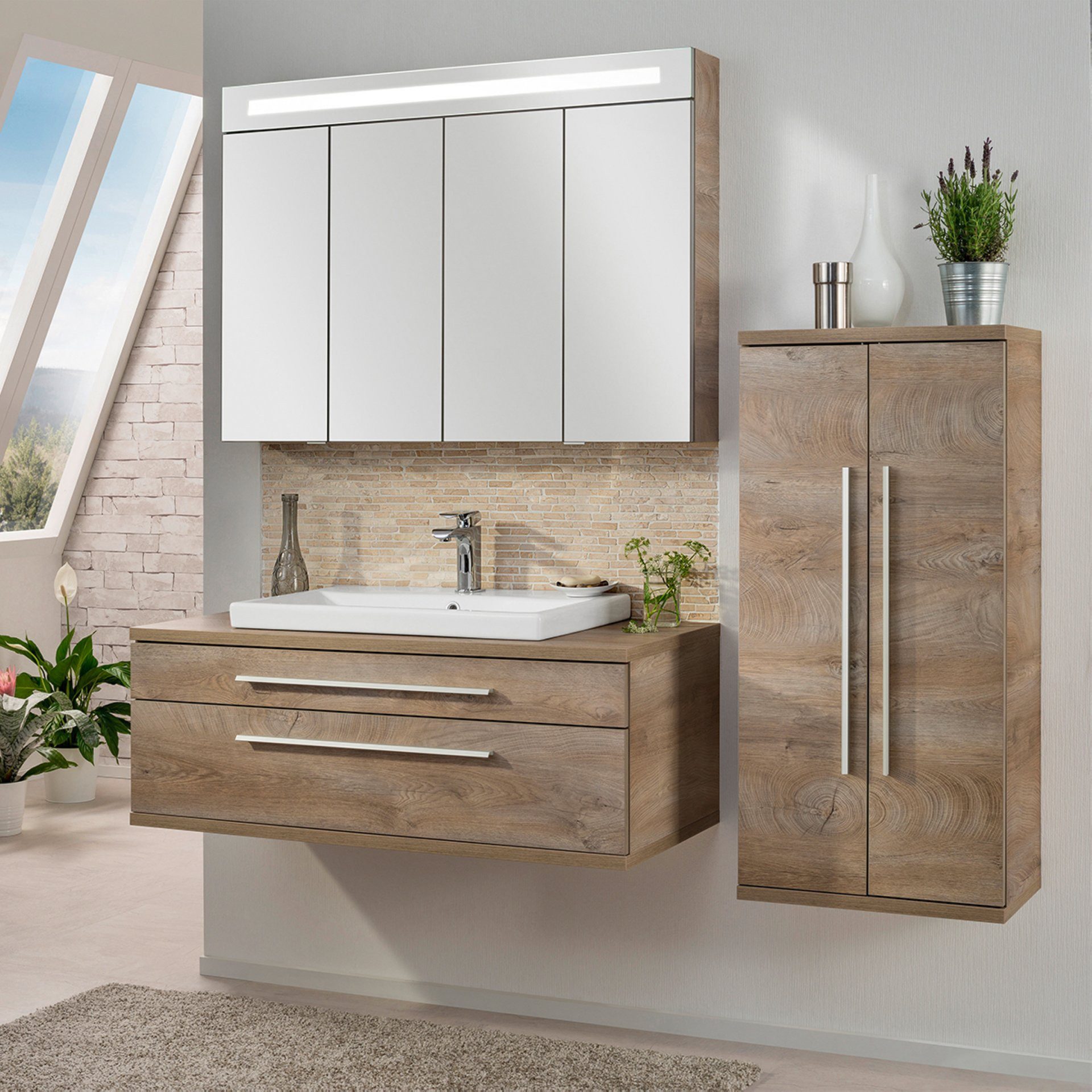 FACKELMANN Badmöbel-Set STANFORD 110 cm breit, Braun, Keramik+Spiegelschrank+Midischrank