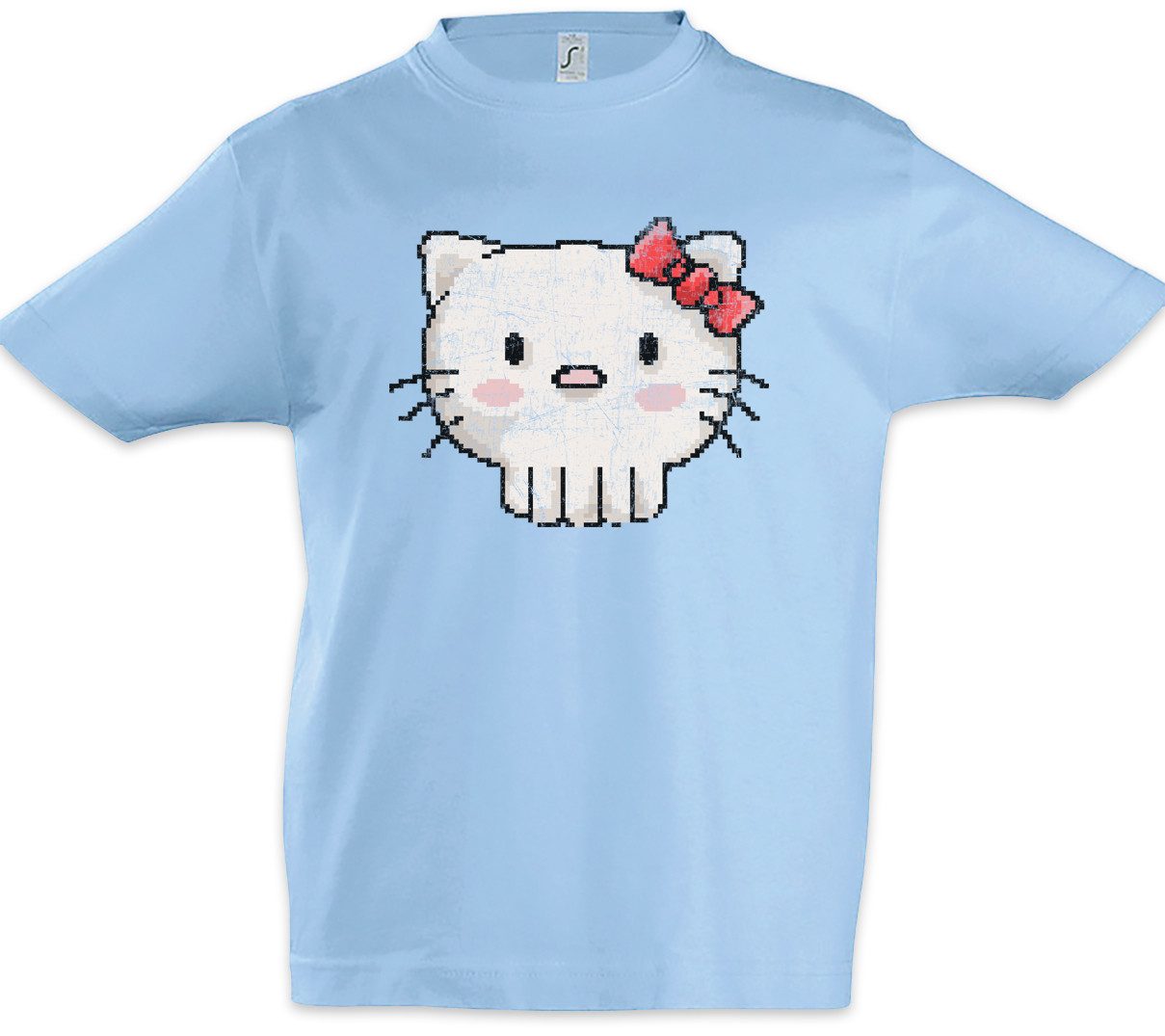 Print-Shirt Pixel Skull Kitty Kinder T-Shirt Nerd Cat Cats Hello Katze Gatto
