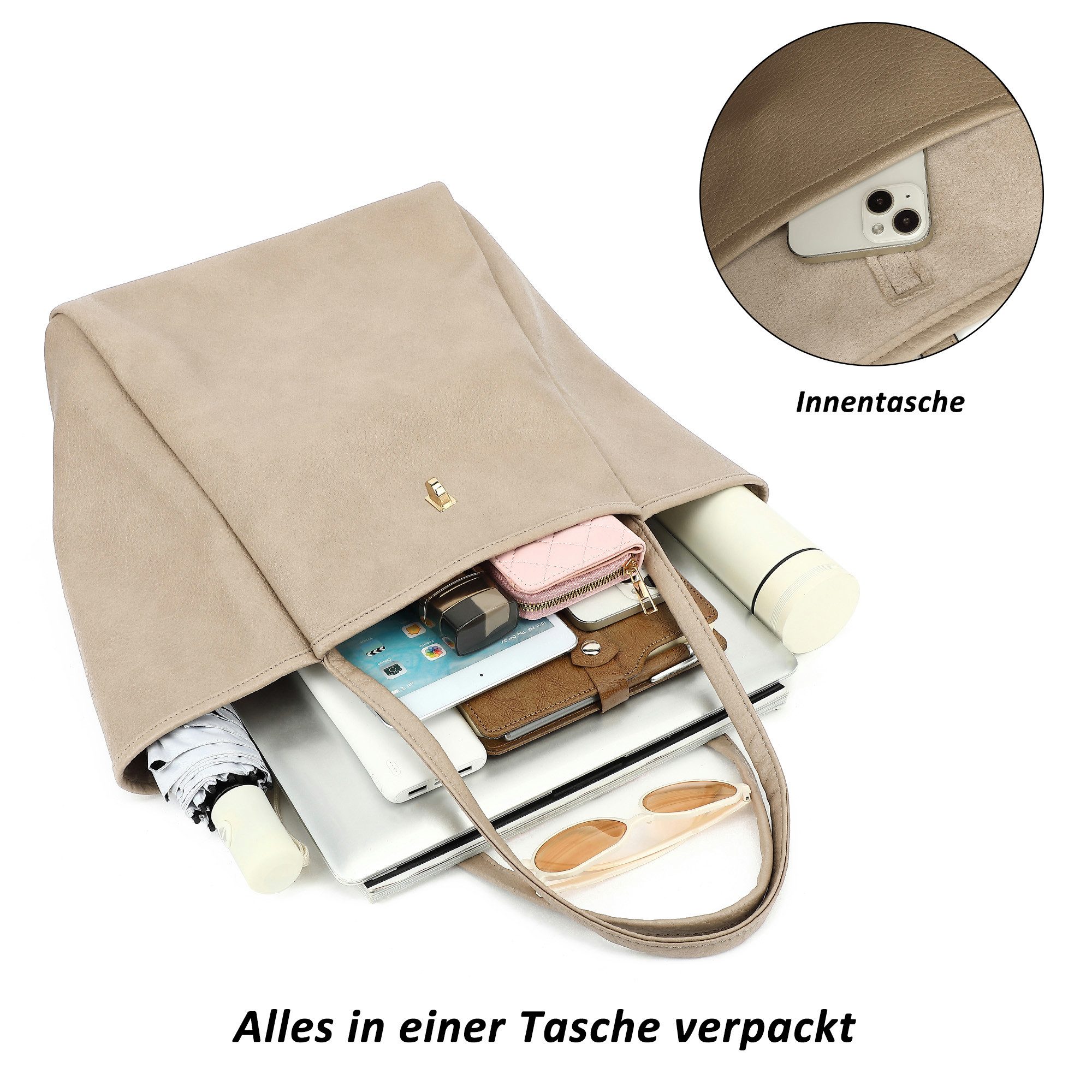 TAN.TOMI Schultertasche Damen Umhängetasche PU Leder Tote Shopper Bag Reise Geldbörse, Mit Drehverschluss und Innentasche für Arbeit, Schule, Einkauf