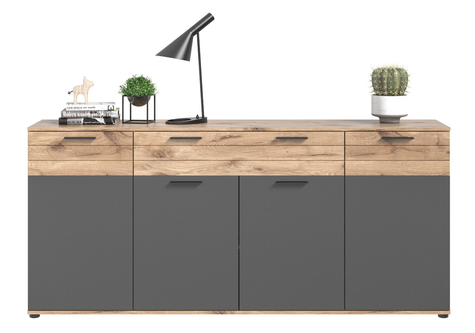 Inn.Furn Sideboard Tomaso (4-türige Kommode in Eiche und Basalt Grau, 200 x 81 cm), mit Soft-Close-Funktion