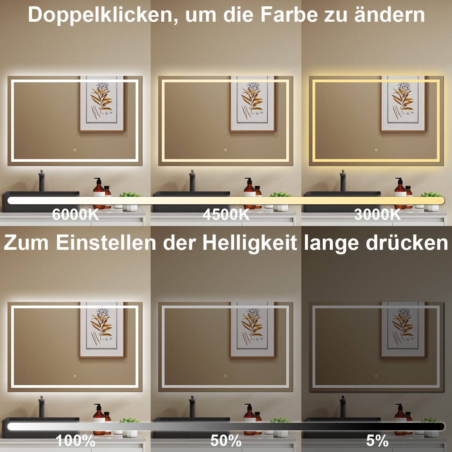Duschparadies GmbH Badspiegel mit Beleuchtung Anti‑Beschlag 3 Lichtfarben wählbar – Bild 3 von 5