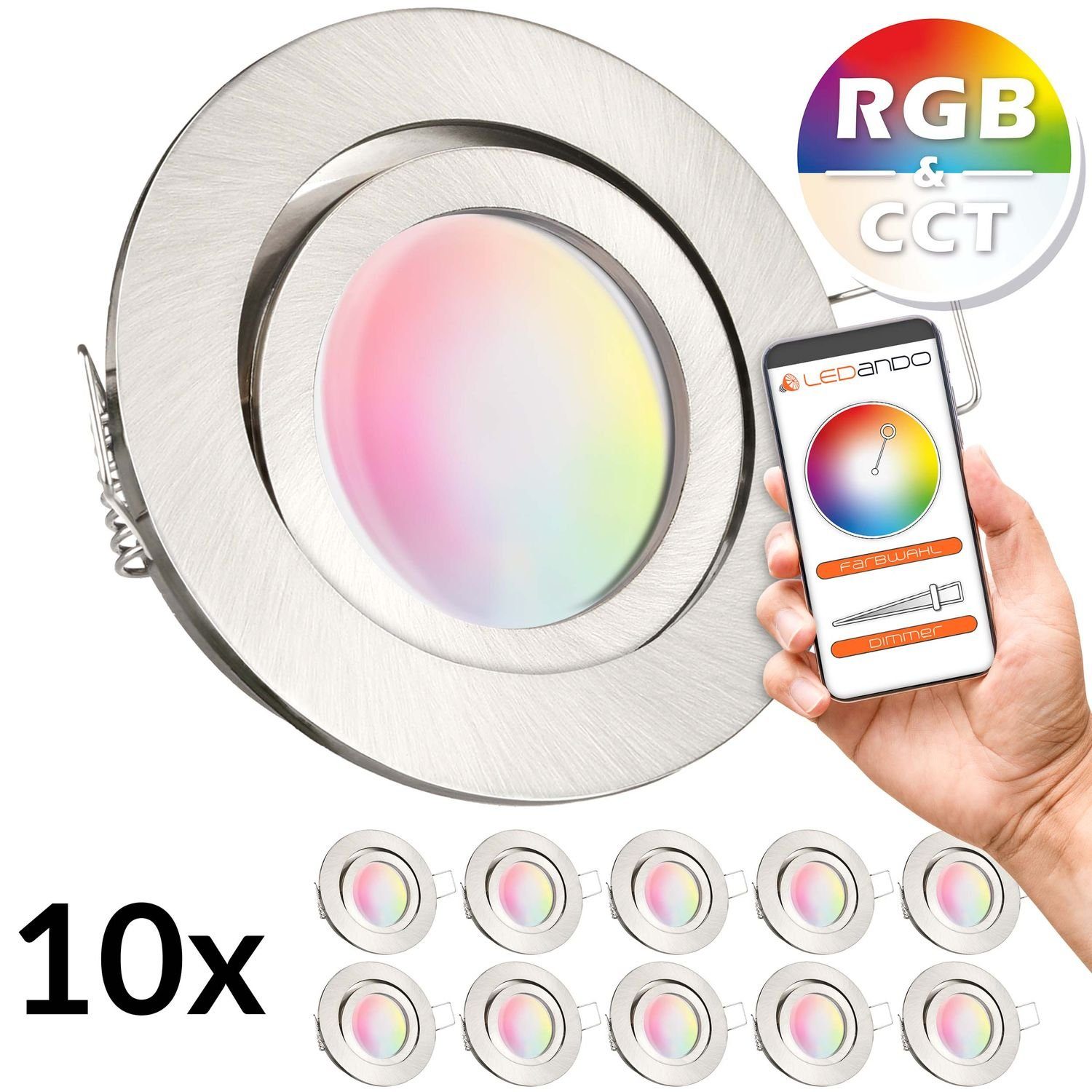 LEDANDO LED Einbaustrahler 10er RGB / flach - extra in silbe edelstahl CCT Einbaustrahler Set LED
