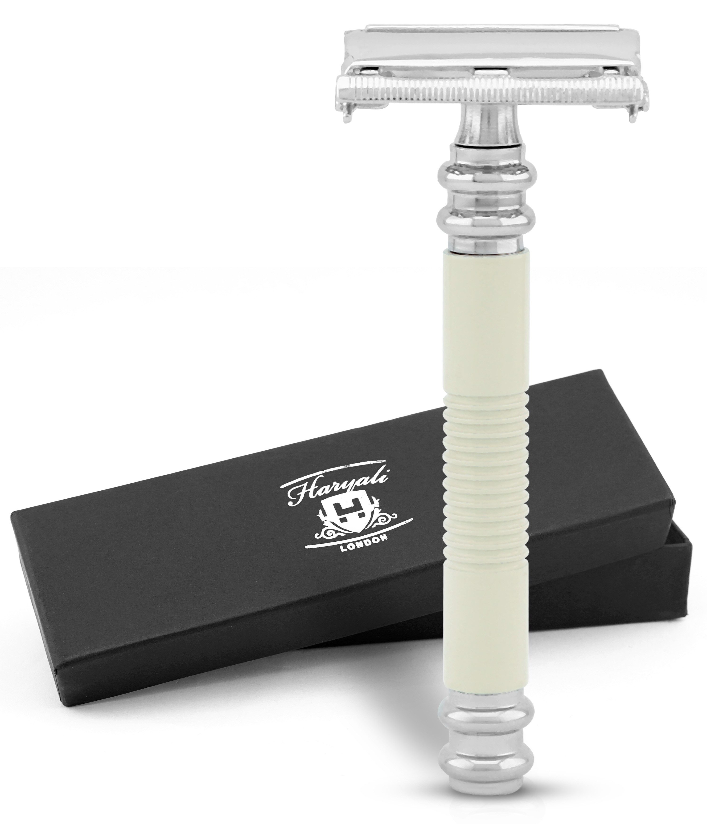 Haryali London Бритви Butterfly DE Rasierhobel für Unisex, rutschfest, Metall, Elfenbein, Pack, Rutschfester Бритви aus Messing-Silber mit zwei Ersatzklingen, Geeignet für alle Arten von zweischneidigen Rasierhobelklingen