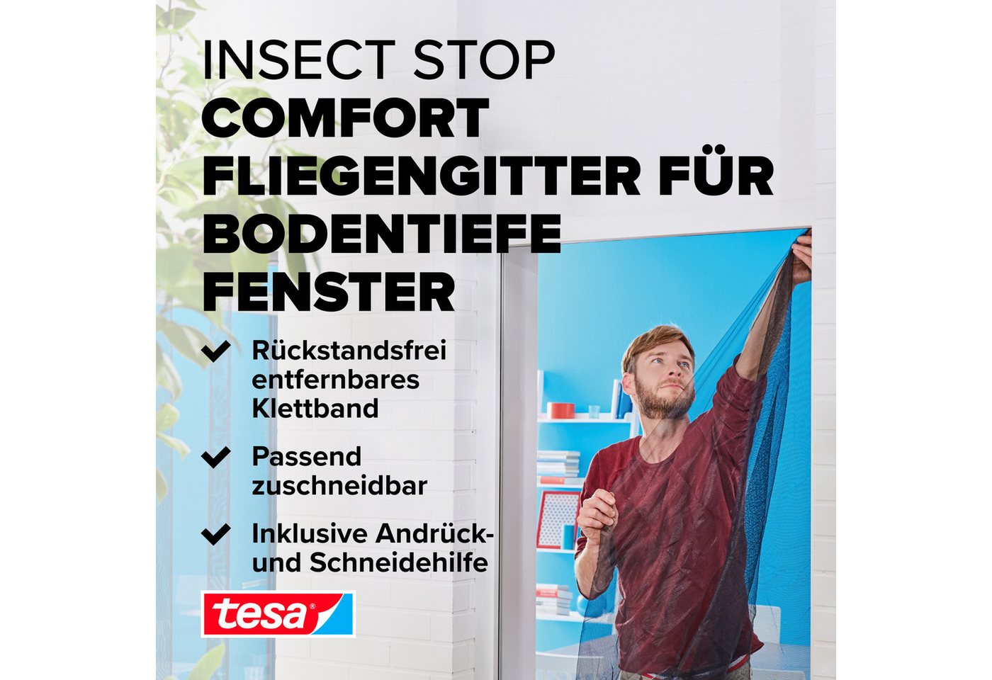 Thumbnail - tesa Fliegengitter-Gewebe, (Packung, 1-St., Fliegennetz, Klettband, Andrück und Schneidehilfe), Insektenschutzgitter - F...