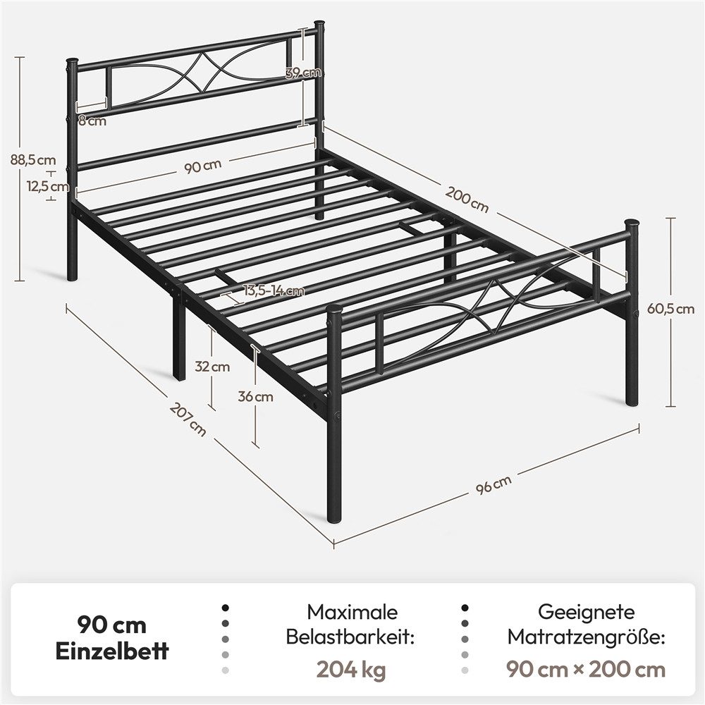 Yaheetech Metallbett Bettgestell im industriellen Stil, Bettrahmen mit Kopfteil Gästebett mit Lattenrost für Schlafzimmer – Bild 4 von 5
