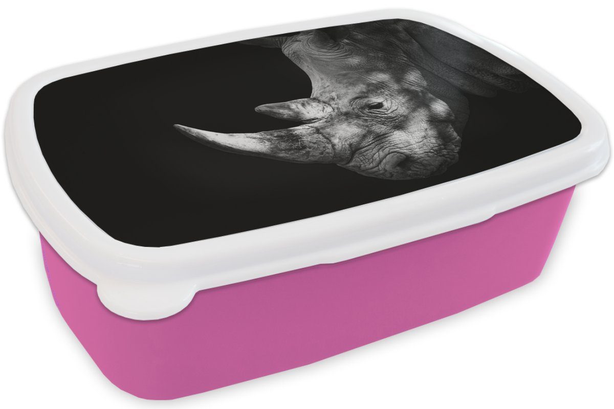 Kinder, Hintergrund, schwarzem rosa (2-tlg), Kunststoff Brotdose Rhinozeros auf Kunststoff, MuchoWow Brotbox Snackbox, Mädchen, für Erwachsene, Lunchbox
