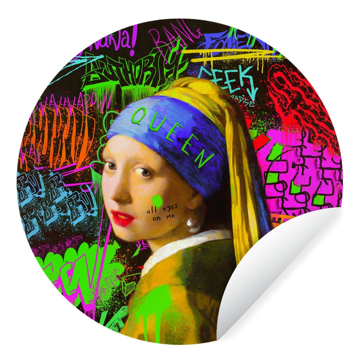 MuchoWow Wandsticker Girl with a Pearl Earring - Neon - Graffiti (1 St), Tapetenkreis für Kinderzimmer, Tapetenaufkleber, Rund, Wohnzimmer