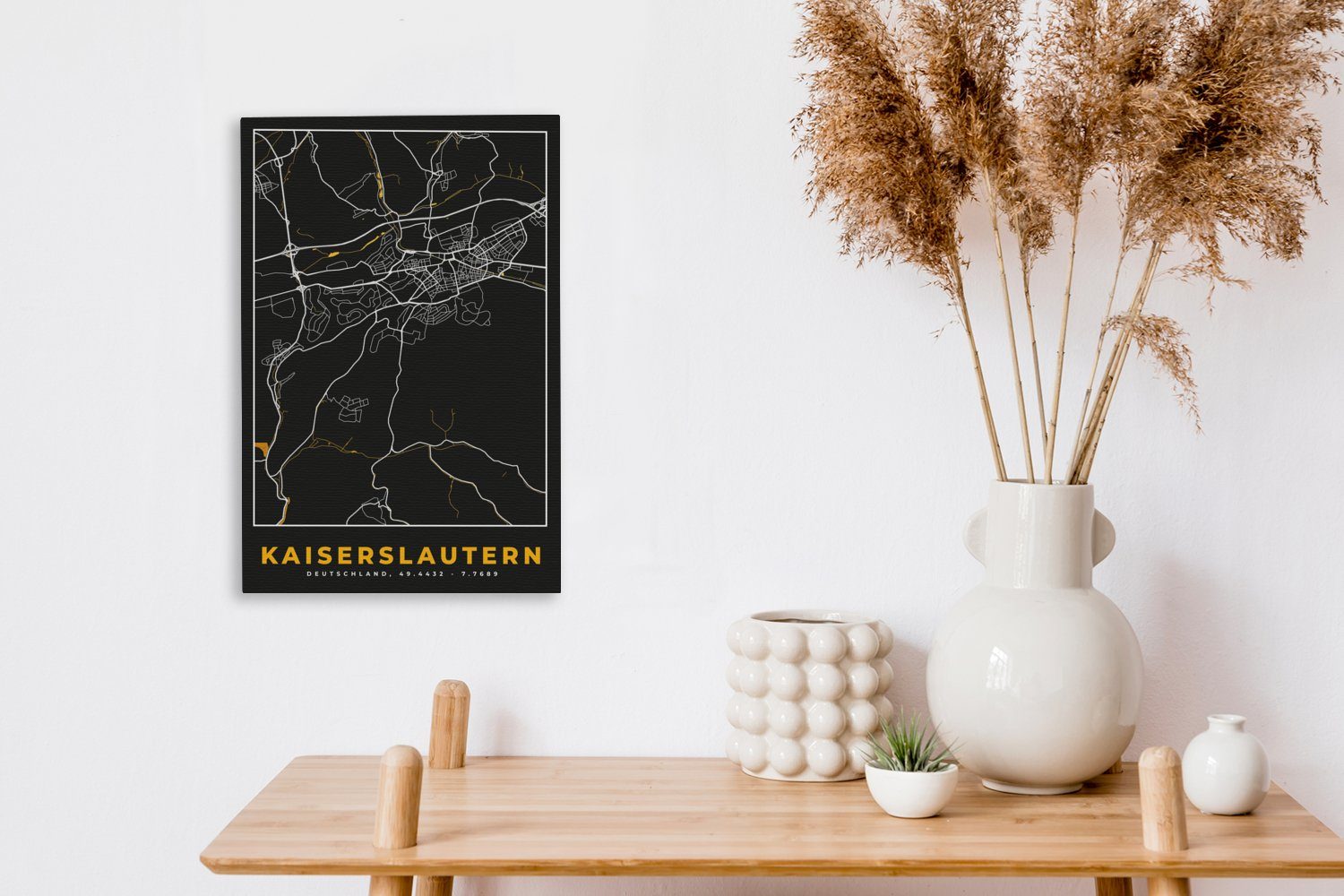 OneMillionCanvasses® Leinwandbild Kaiserslautern - Stadtplan cm Karte (1 bespannt Deutschland, - St), - Zackenaufhänger, Gemälde, - Schwarz Leinwandbild und 20x30 Gold fertig inkl