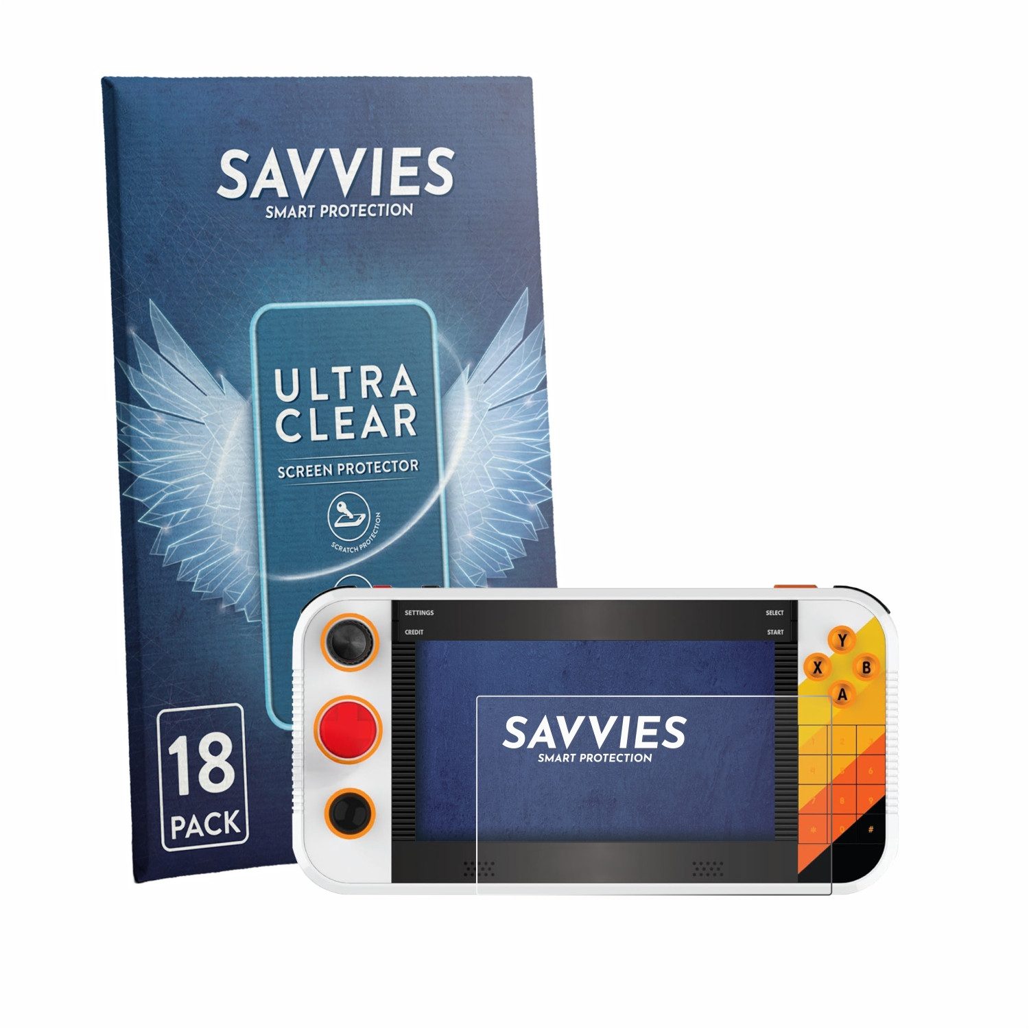 Savvies Displayschutzfolie Schutzfolie für My Arcade Atari Gamestation Go Portable, 18 Stück, Displayschutz Schutz Folie Klar Transparent