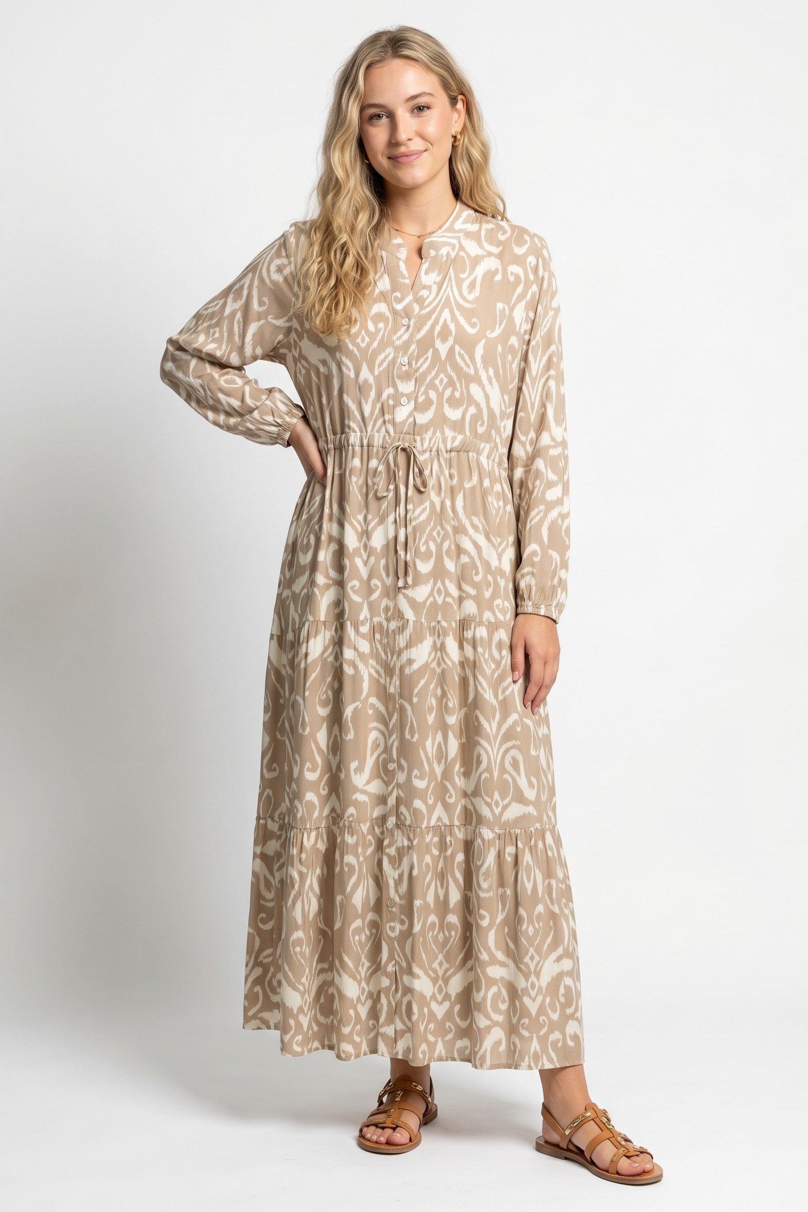 Kendindza Collection Sommerkleid Sommerkleid Damen Lang Viskose Elegantes Maxikleid lang Maxi Kleid Ikat-Print Knopfleiste & Schnurbund, Luftig Leicht