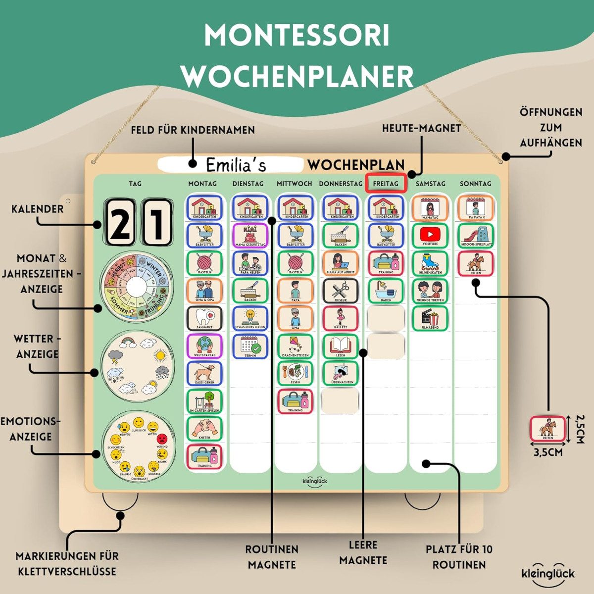 Kleinglück Magnettafel Wochenplaner Kinder Magnettafel Lernplaner für Kinder mit Magneten – Bild 2 von 5