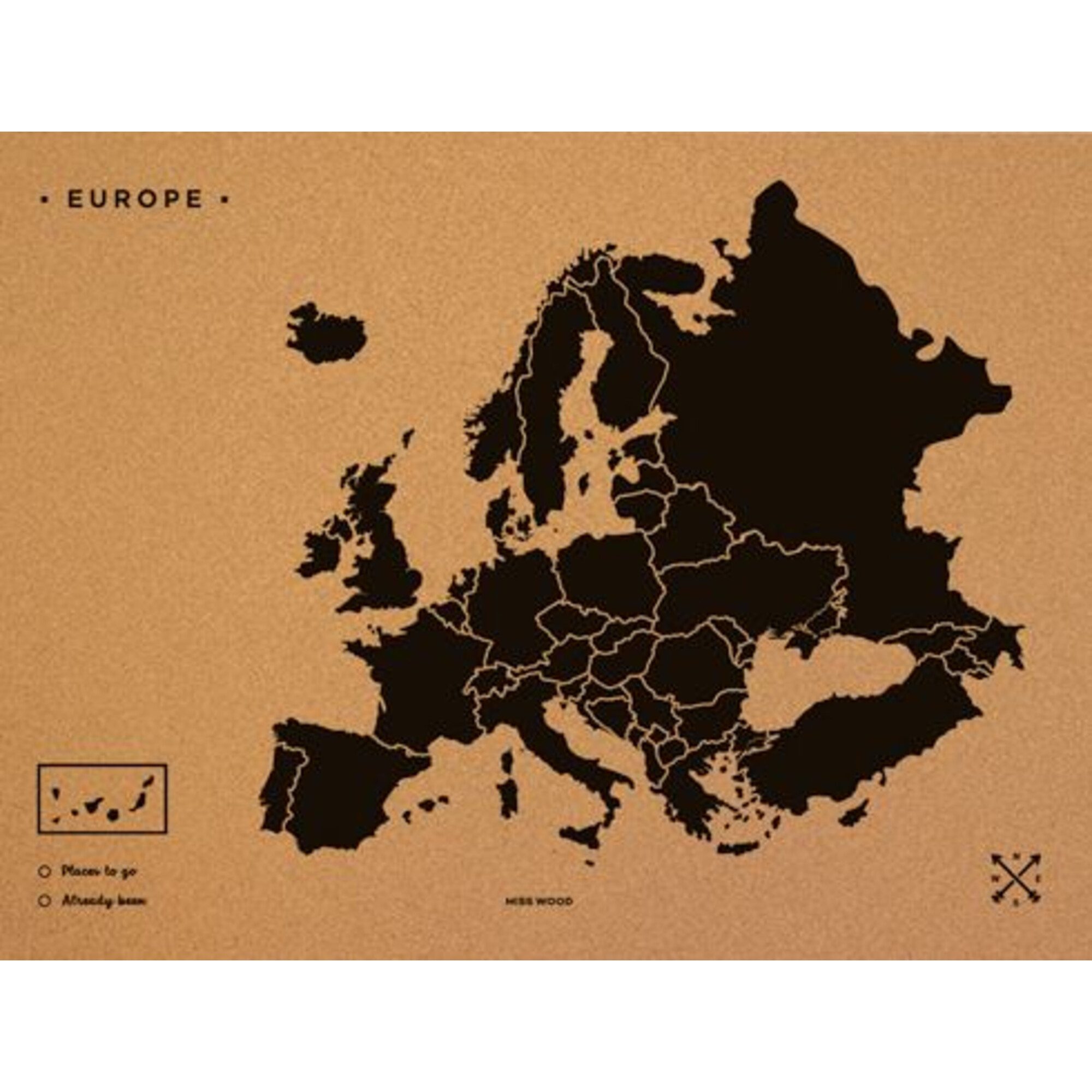 Miss Wood Wandbild Miss Wood Kontinentkarte Woody Map Europa schwarz 90x60cm